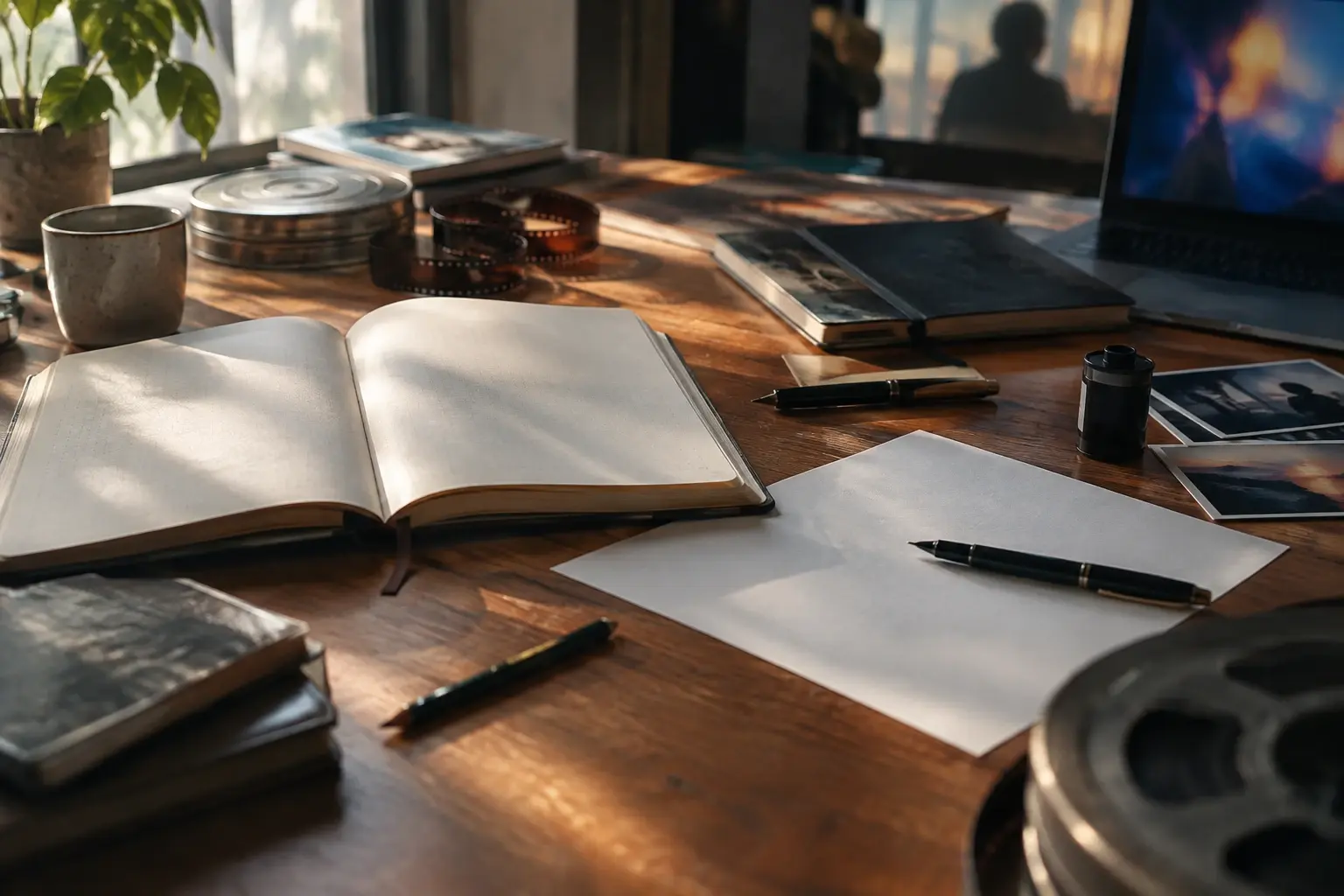 Une table de rédaction consacrée au cinéma, avec carnets ouverts, pages vierges, stylos et lumière douce du matin.