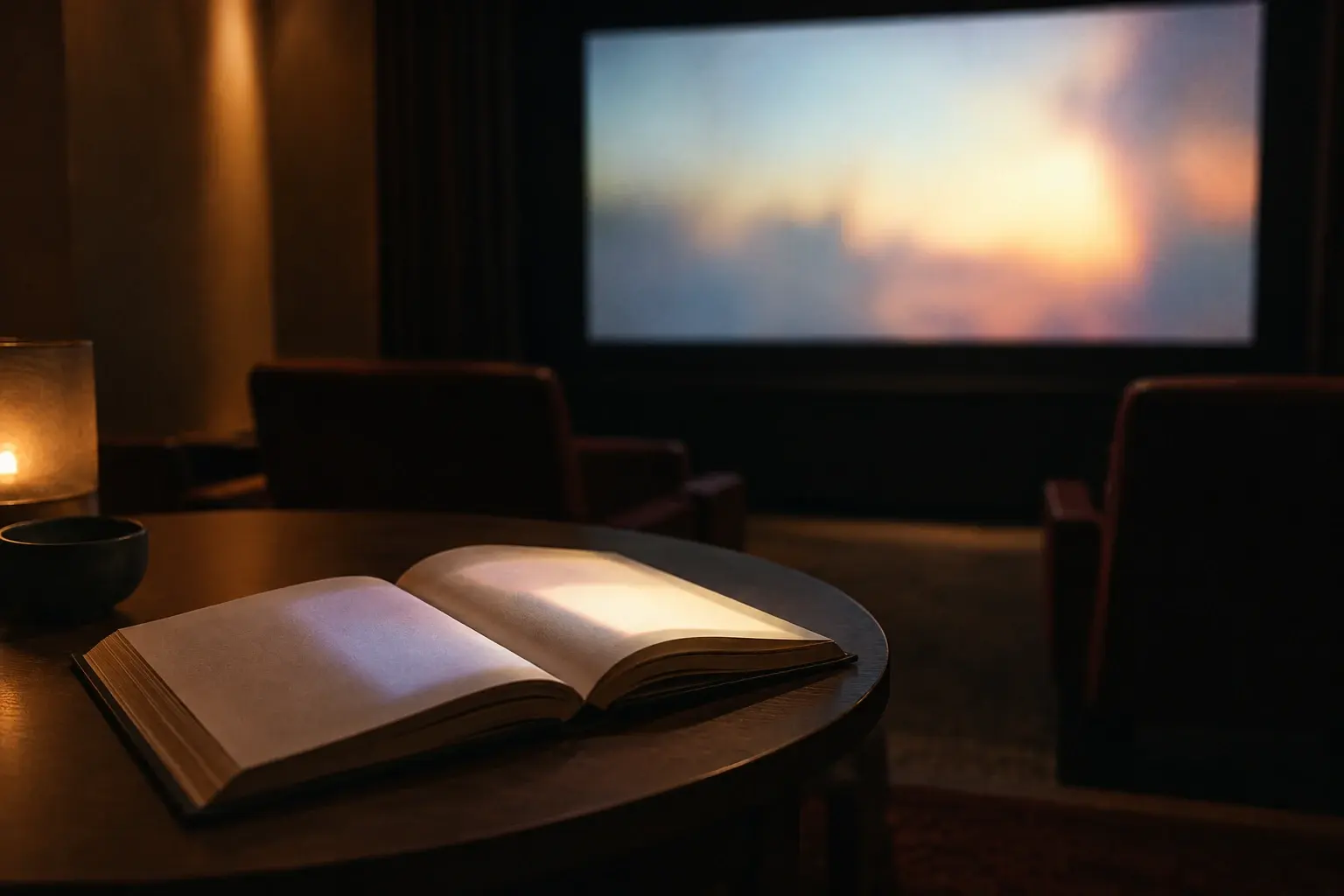 Un livre ouvert posé face à un écran de cinéma éclairé, dans une salle calme et vide.