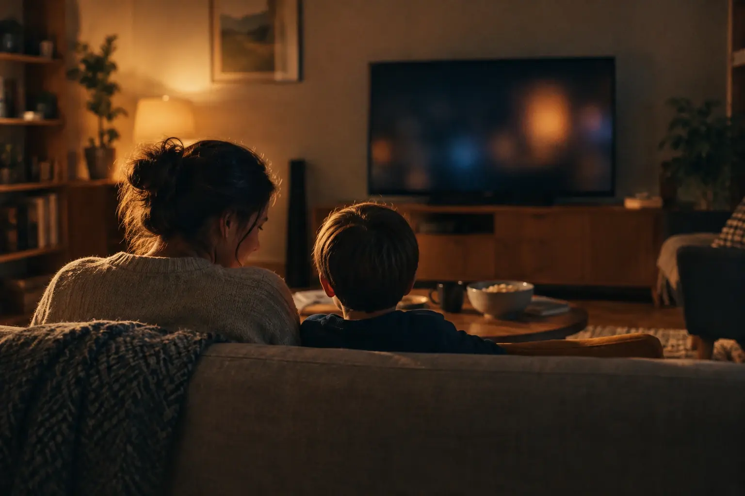 Un parent assis près d’un enfant sur un canapé, dans un salon calme après une séance de cinéma à la maison.