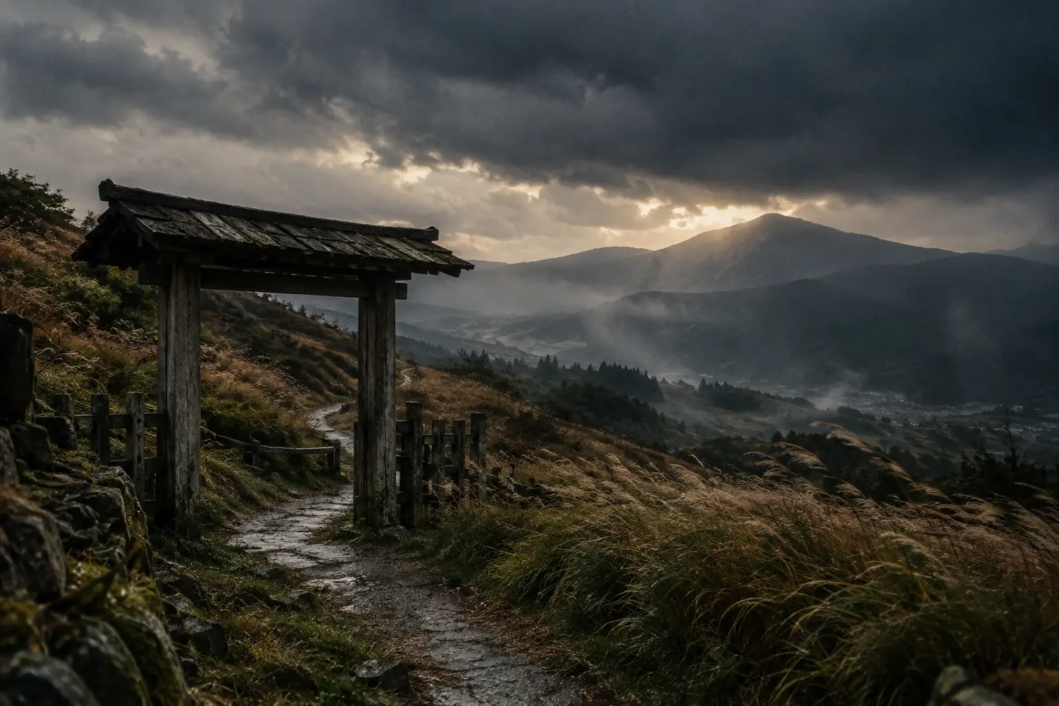 Un chemin de montagne passe près d’une vieille porte en bois, sous un ciel chargé et des herbes pliées par le vent.