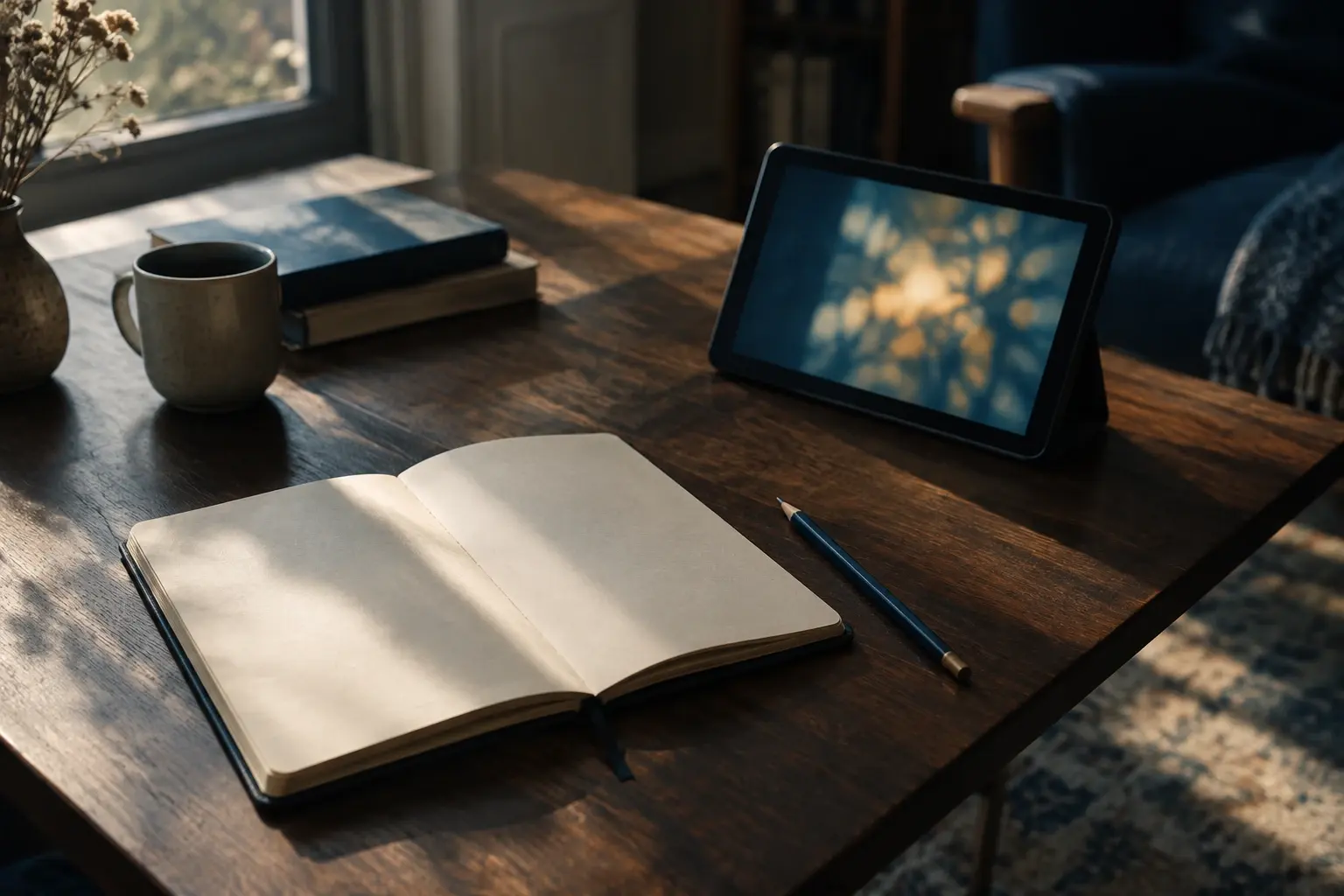 Carnet vierge et crayon posés près d’un écran abstrait, dans une lumière douce propice à l’observation d’un film.