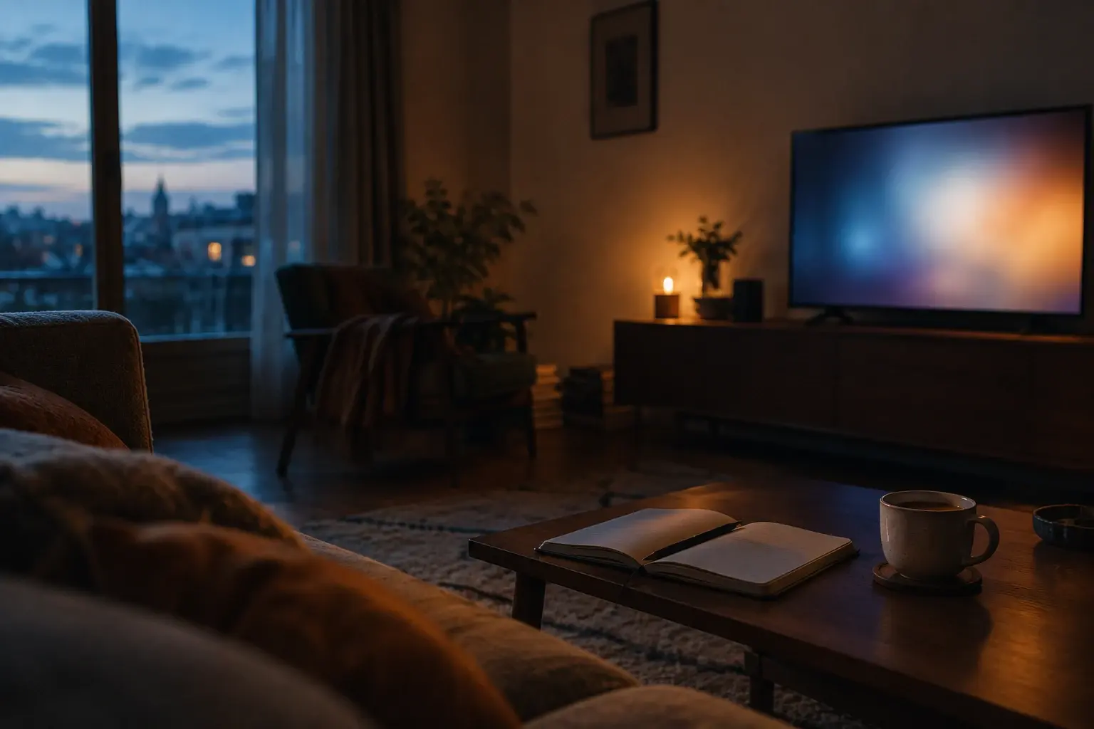 Un salon calme après un épisode, avec un écran lumineux indistinct et un carnet ouvert sur la table basse.