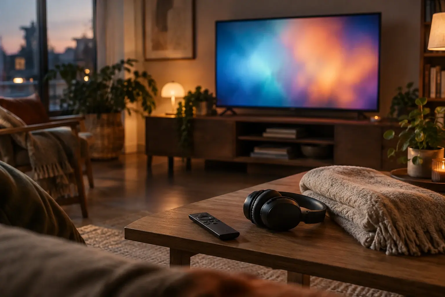 Téléviseur aux couleurs douces dans un salon, avec une télécommande et un casque posés près du canapé.