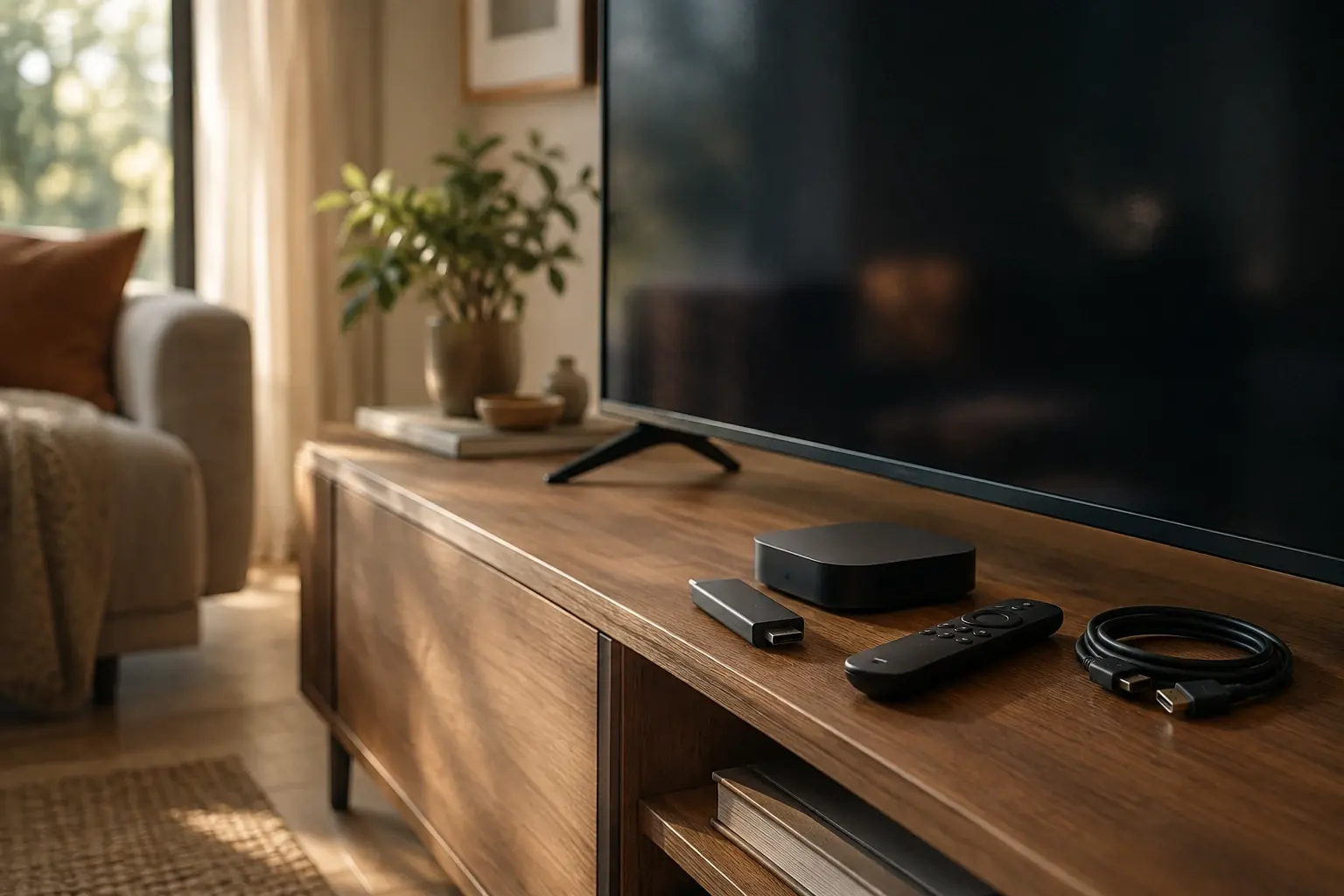Une clé, un boîtier de streaming et une télécommande posés devant un téléviseur à écran éteint.