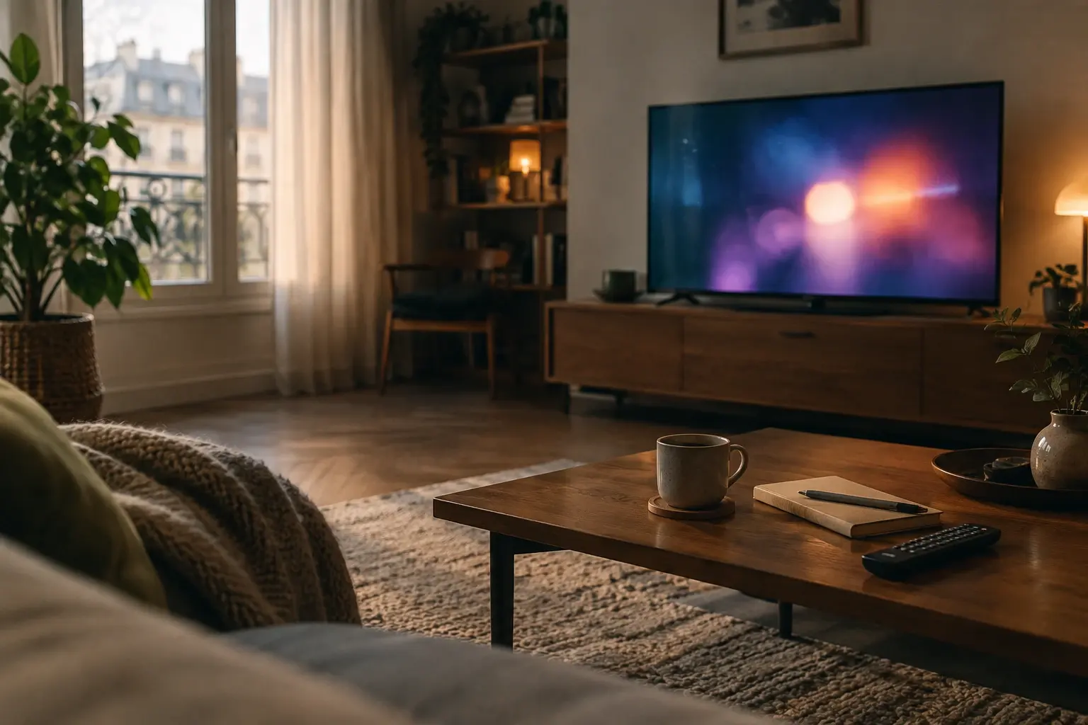 Un carnet, une télécommande et une tasse posés devant un écran de télévision dans un salon calme.