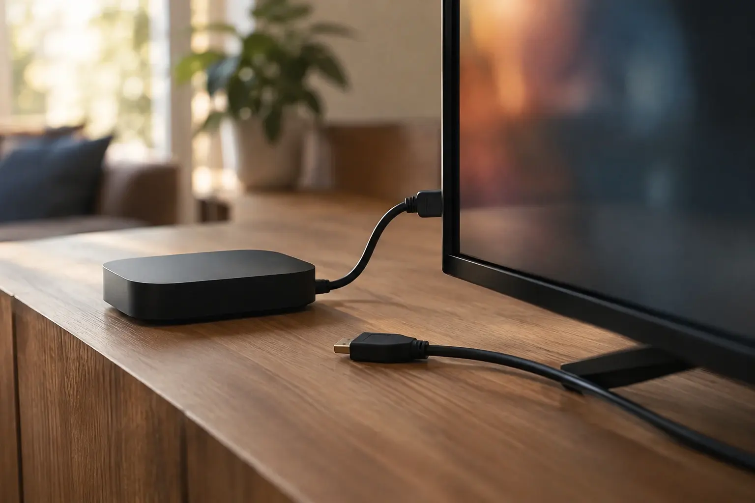Câble HDMI reliant un petit appareil de lecture à un téléviseur, posé sur une étagère en bois.
