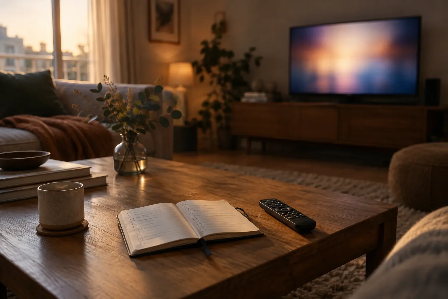 Carnet de suivi et télécommande posés sur une table devant un téléviseur allumé en arrière-plan.