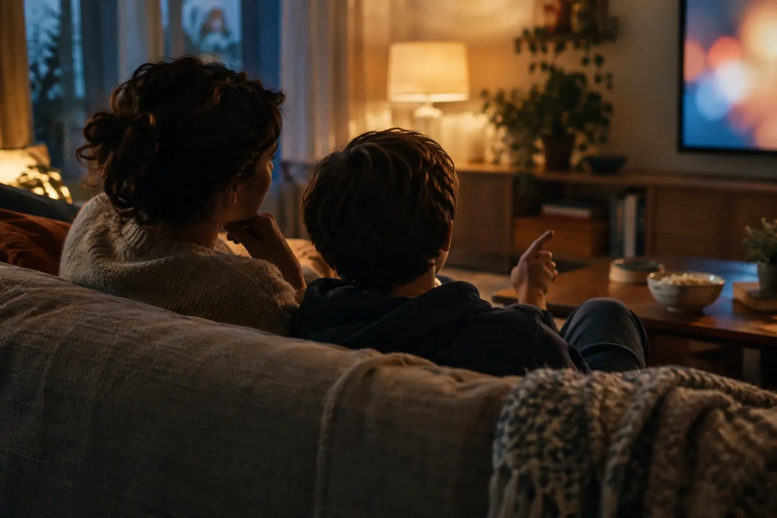Un parent et un enfant discutent ensemble sur un canapé avant de choisir un programme à regarder en famille.