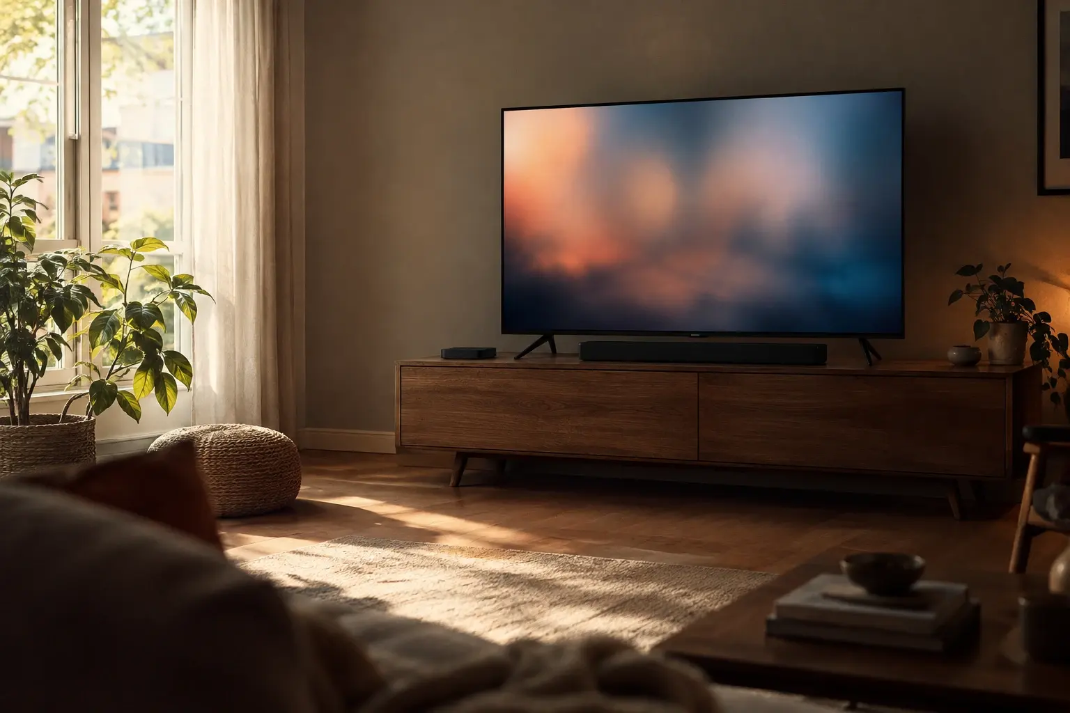 Téléviseur, petit appareil de streaming et barre de son installés dans un salon lumineux aux câbles rangés.