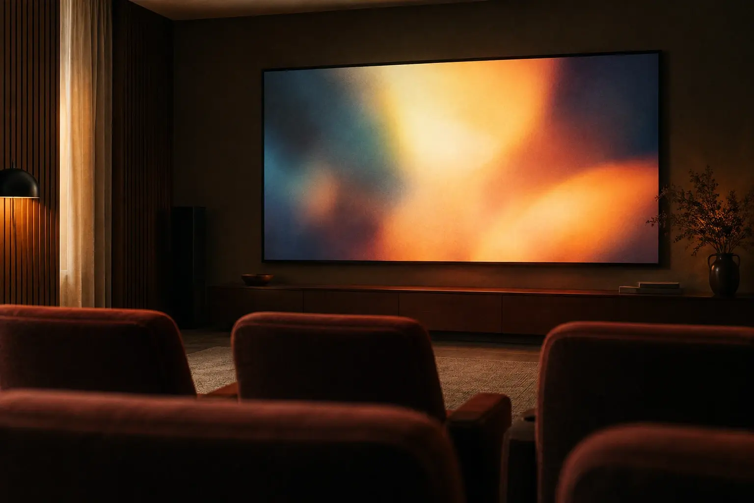 Un écran lumineux dans une pièce de projection aux sièges vides évoque la circulation des films entre salle et domicile.