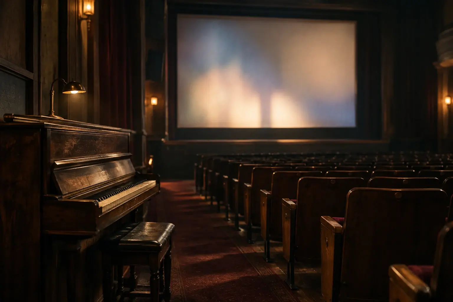 Salle de projection ancienne avec un piano près d’un écran lumineux, évoquant l’accompagnement des films muets.