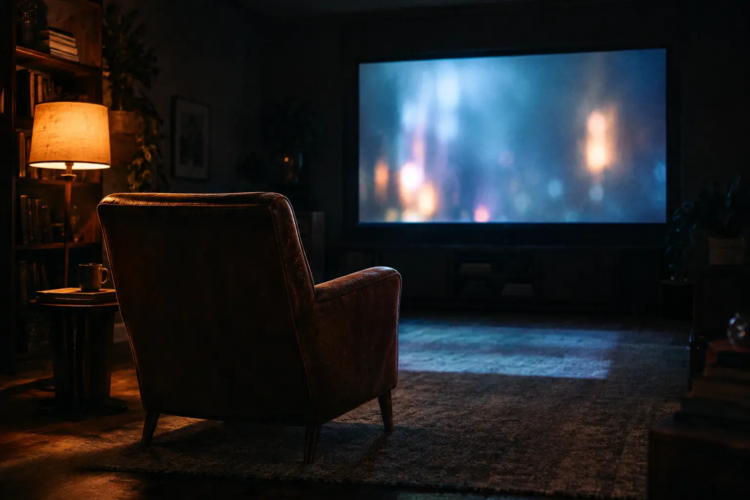 Un fauteuil vide face à un écran lumineux dans une pièce sombre, entre lumière bleutée et lueur chaude.