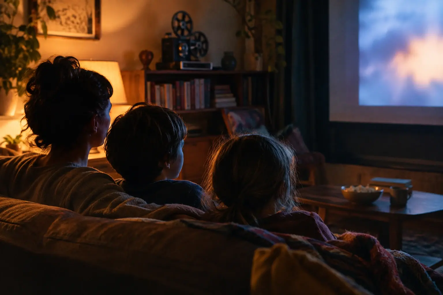 Un parent et deux enfants regardent ensemble un film dans une pièce chaleureuse, éclairée par la lumière de l’écran.
