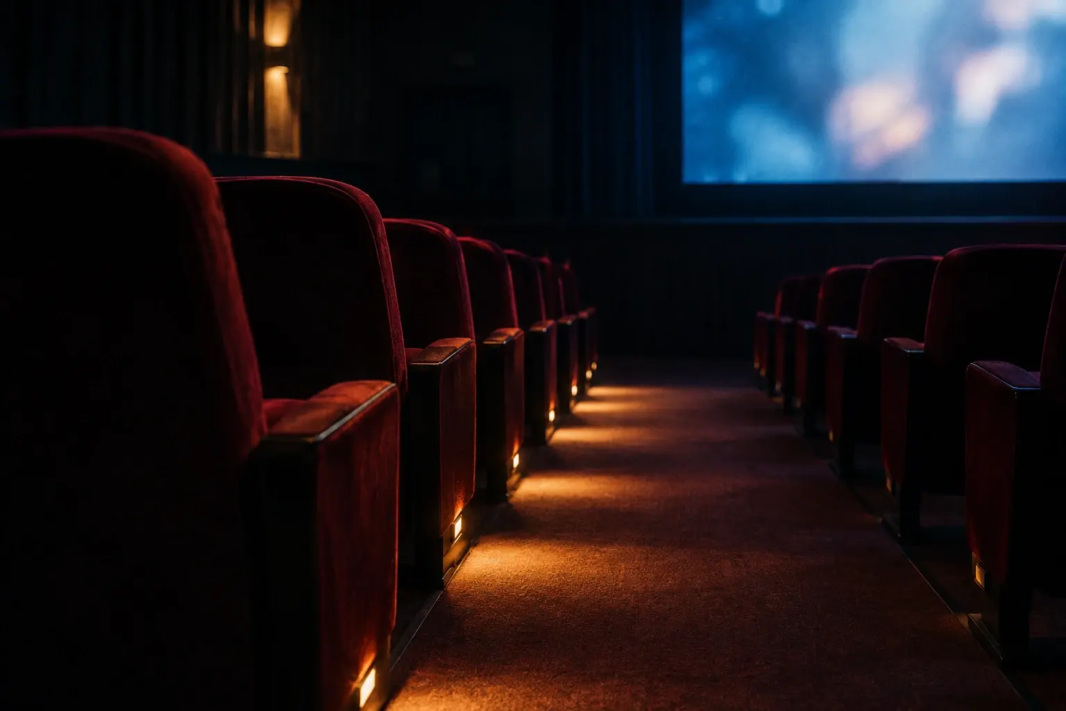 Une salle de cinéma vide, aux fauteuils rouges, éclairée par des halos ambrés et bleutés dans une ambiance légèrement inquiétante.