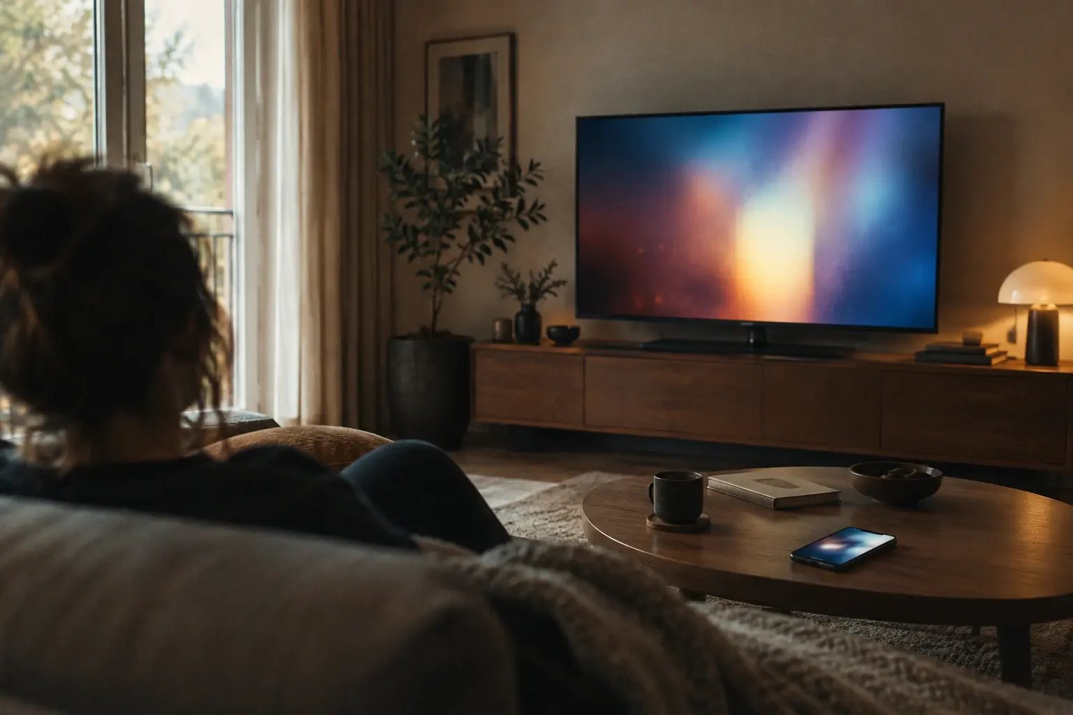 Télévision et smartphone affichant des images abstraites dans un salon sobre, illustration de l’estimation des données consommées en vidéo.