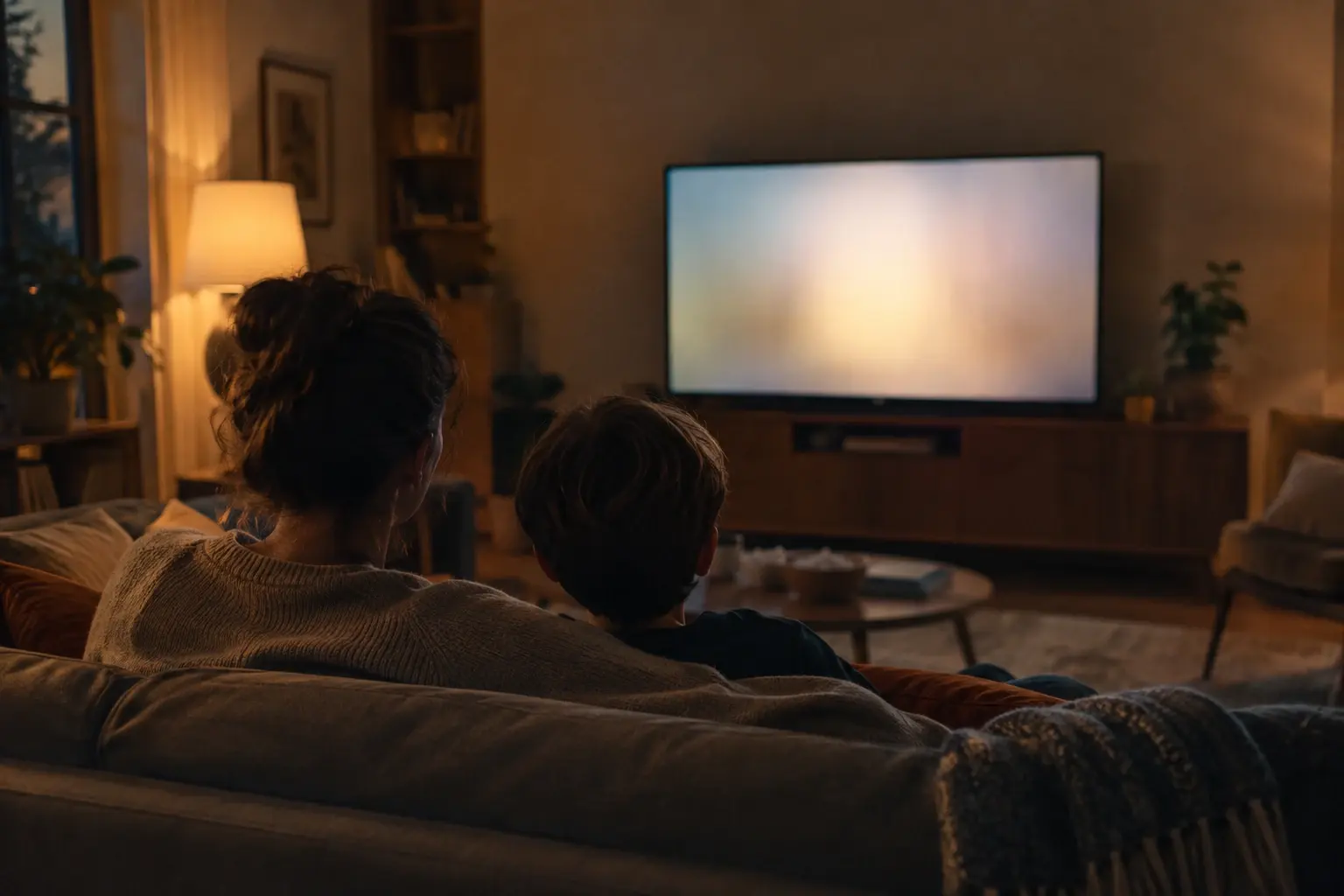 Un parent et un enfant choisissent ensemble un film dans un salon éclairé par une lumière douce.