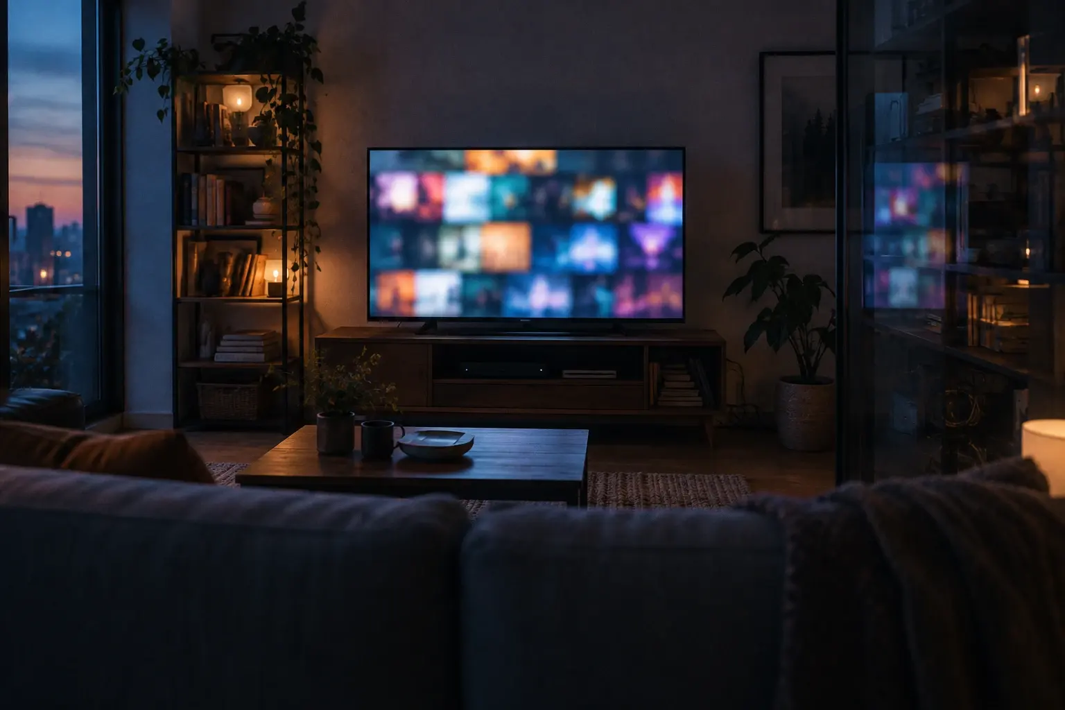 Un téléviseur aux images abstraites éclaire un salon calme, évoquant les coulisses de la vidéo à la demande.