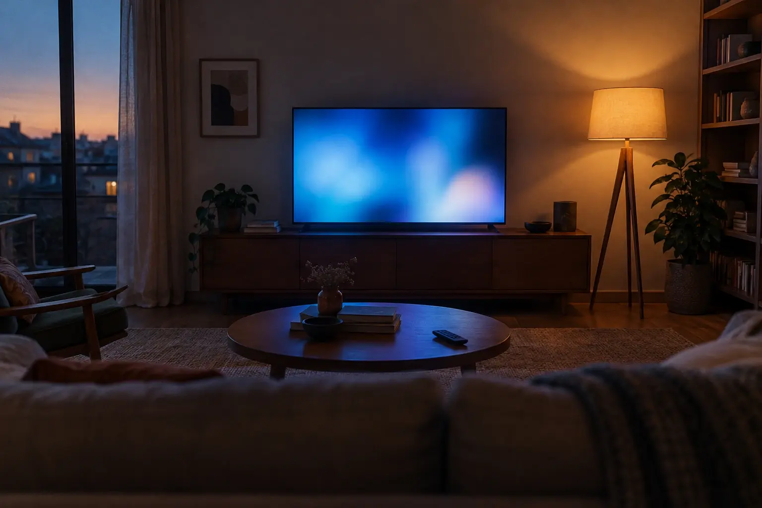 Un téléviseur affiche des formes lumineuses abstraites dans un salon vide, avec une télécommande posée au premier plan.
