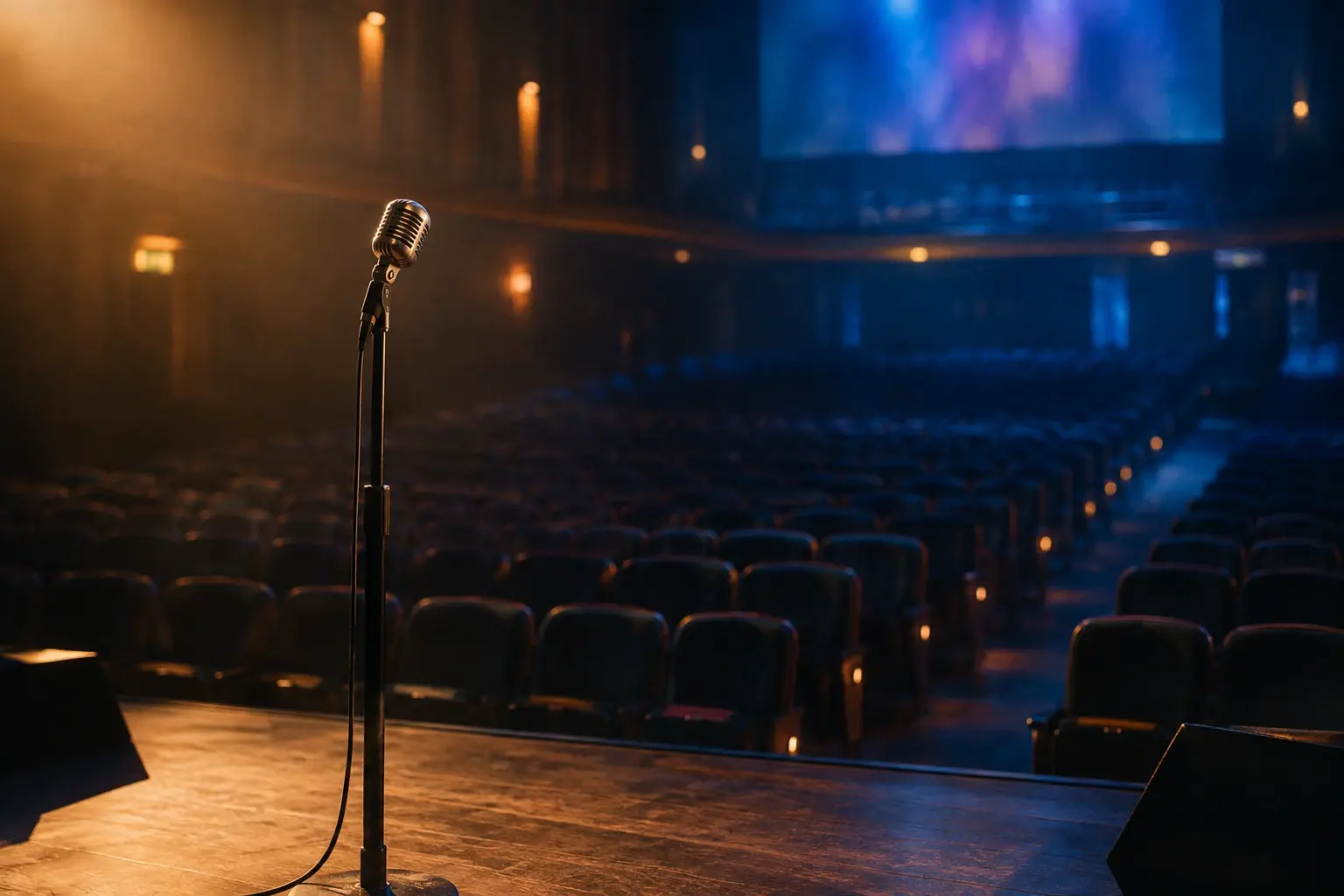 Un micro éclairé au premier plan dans une salle de concert vide, avec des rangées de sièges dans la pénombre.