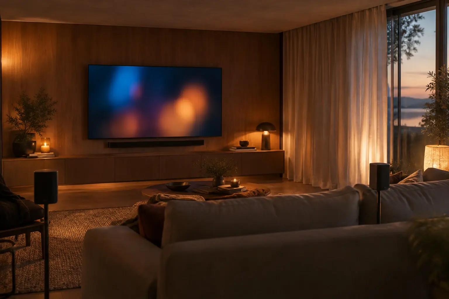 Salon sobre avec téléviseur éteint, barre de son et enceintes arrière disposées pour une écoute immersive.