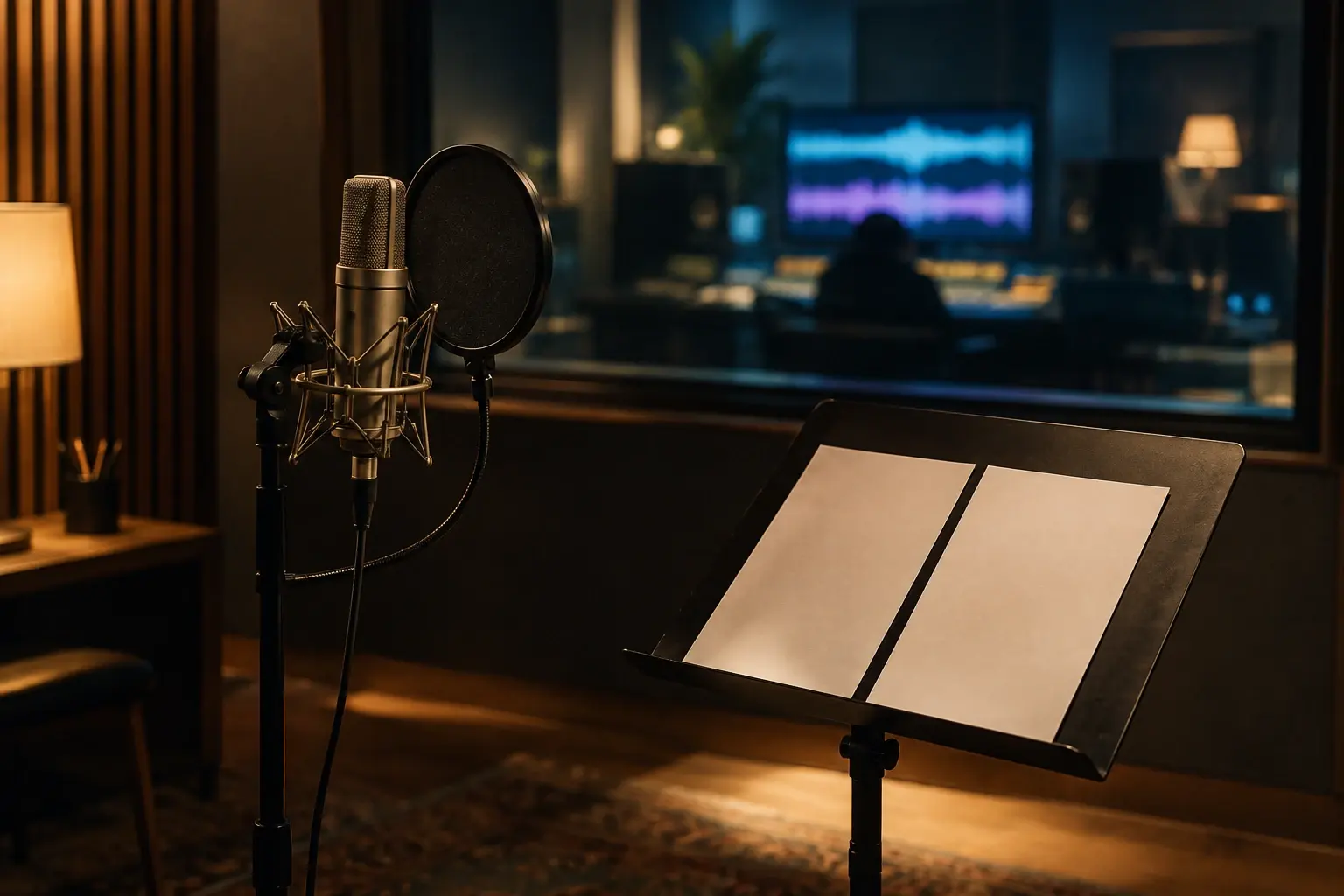 Un studio de doublage vide, avec un microphone devant une vitre et un écran flou aux formes sonores abstraites.
