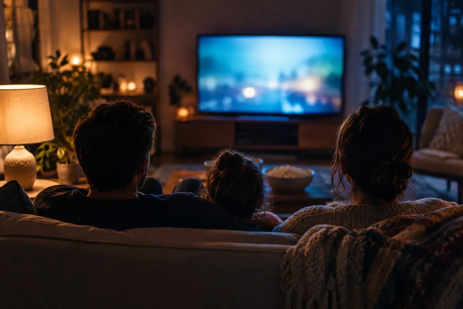 Une famille vue de dos partage un film dans un salon tamisé, éclairée par la lumière douce de l’écran et d’une lampe.