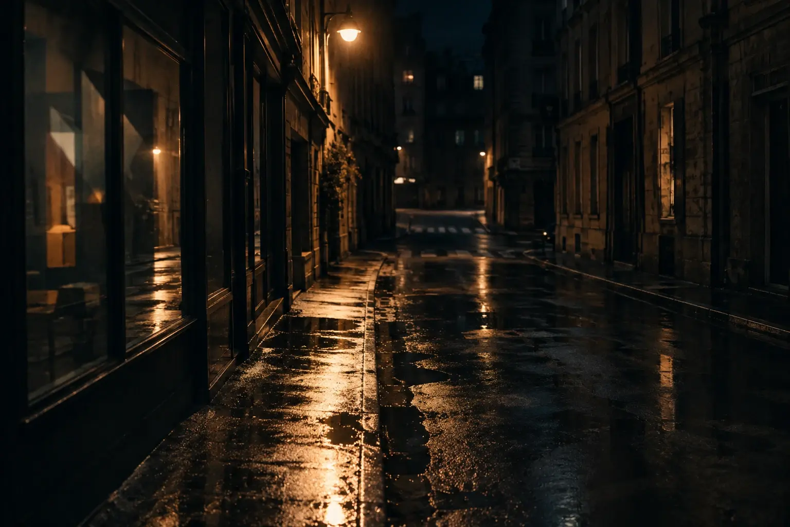Rue urbaine vide après la pluie, éclairée par un réverbère qui projette de longues ombres sur le pavé.