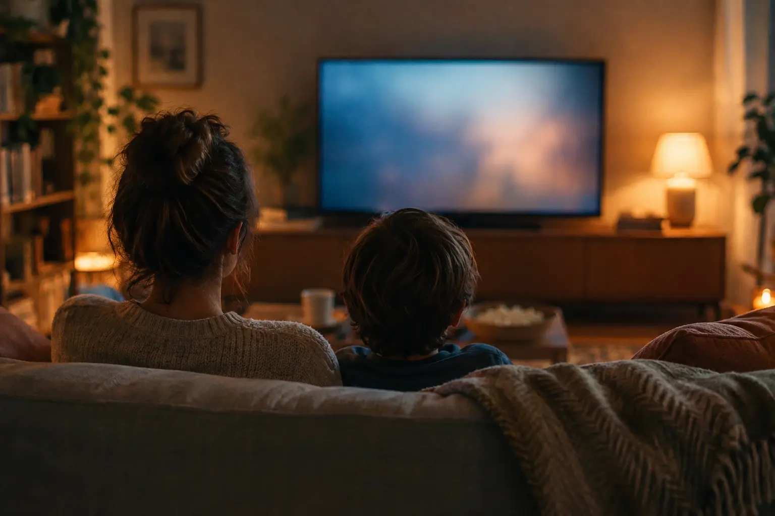 Un parent et un jeune enfant s’installent côte à côte sur un canapé pour regarder un film dans un salon à la lumière douce.
