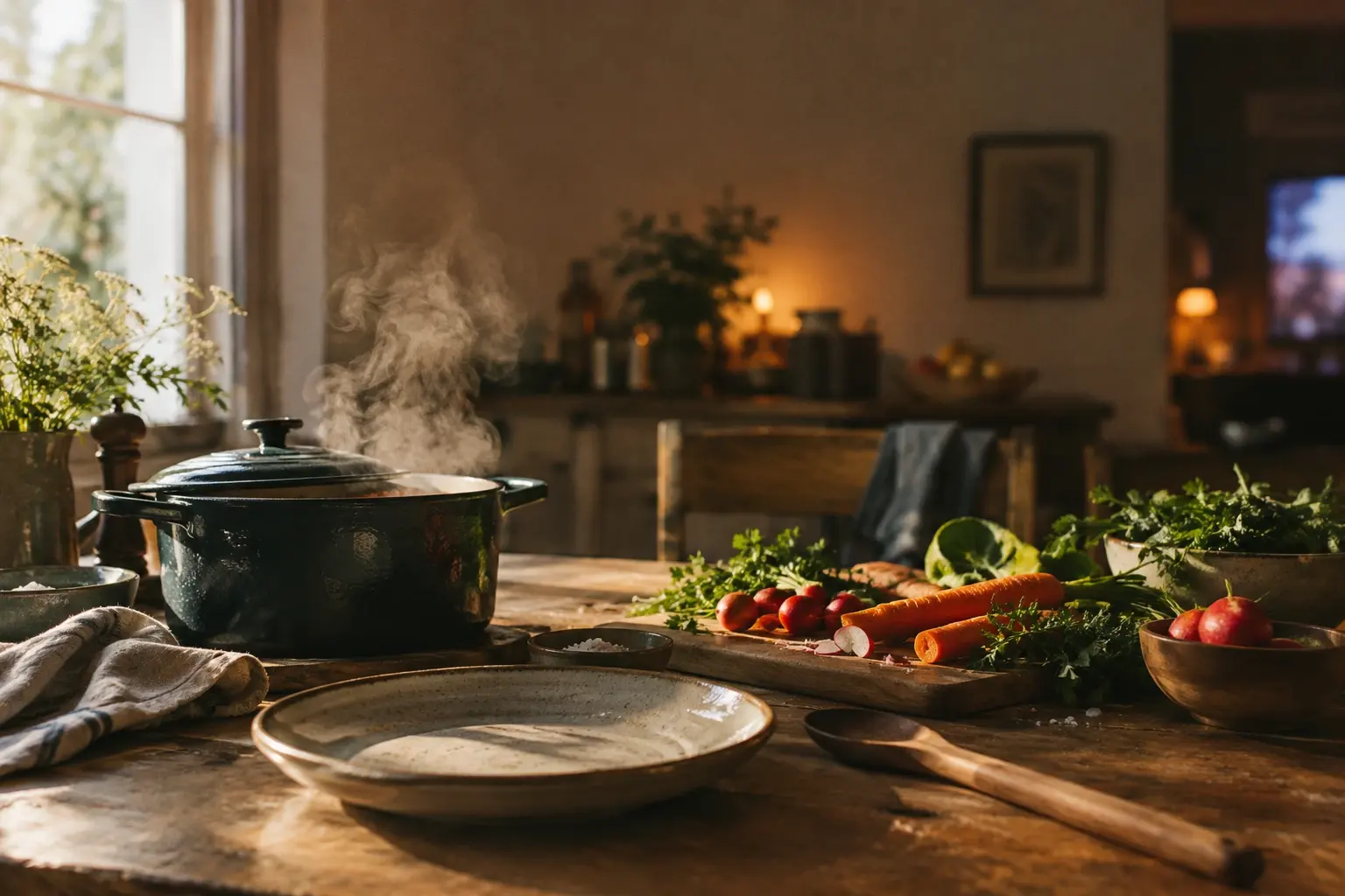 Une table de cuisine dressée près d’un plan de travail, avec des légumes, une casserole fumante et une lumière chaude.