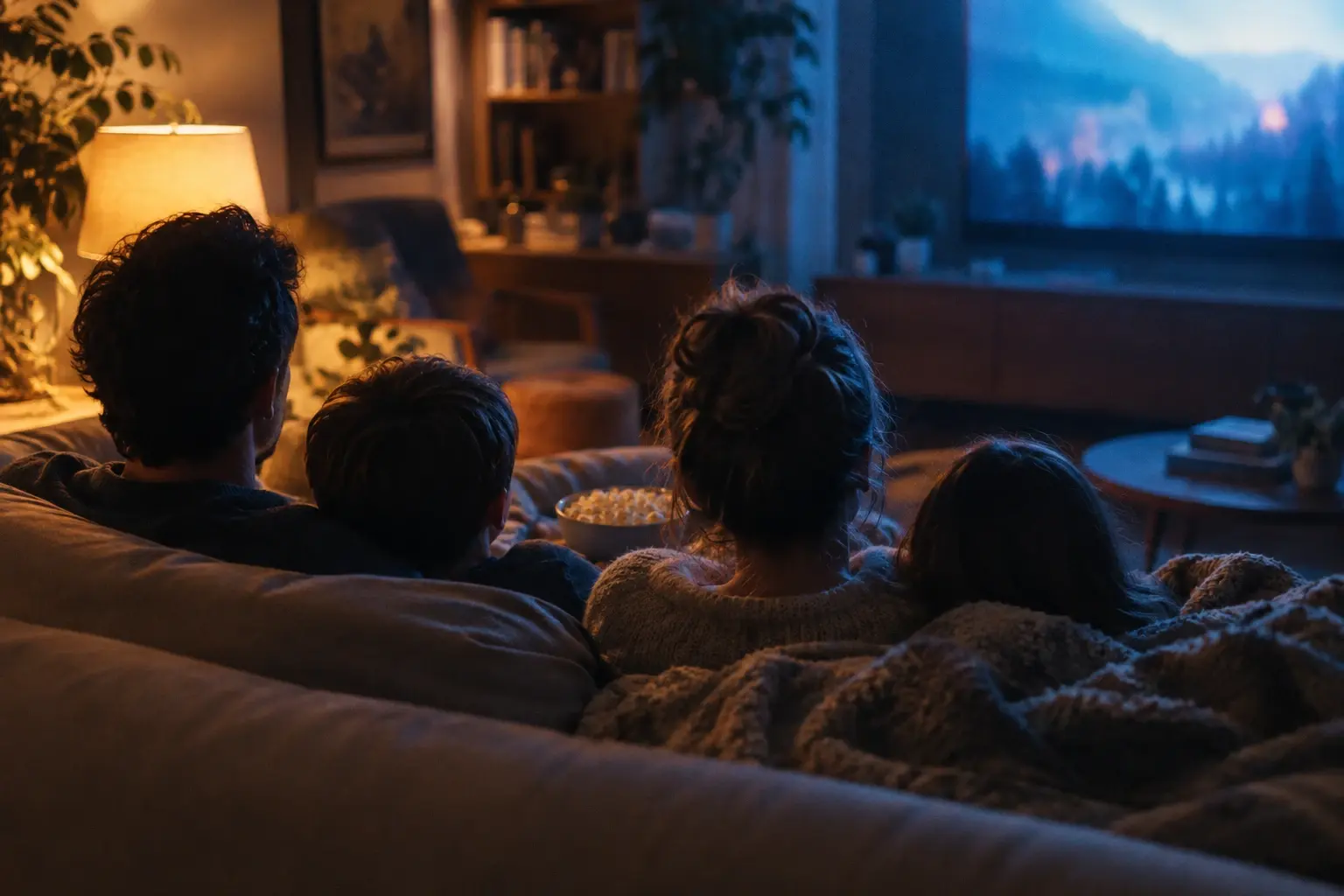 Une famille vue de dos partage une séance de cinéma à la maison, éclairée par une lampe et la lumière de l’écran.