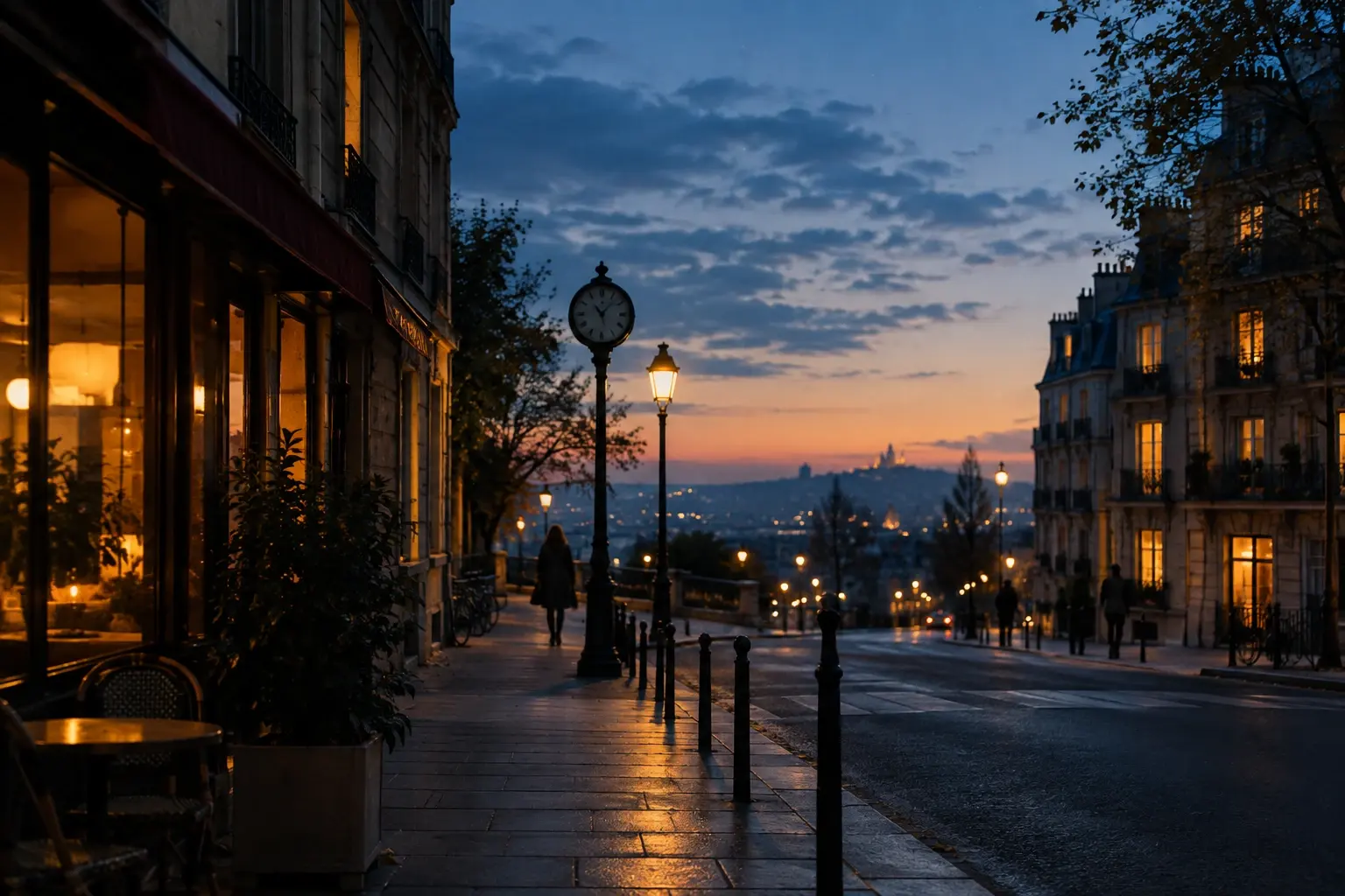 Une rue urbaine à l’heure bleue, avec des vitrines éclairées et une horloge discrète, entre jour et nuit.
