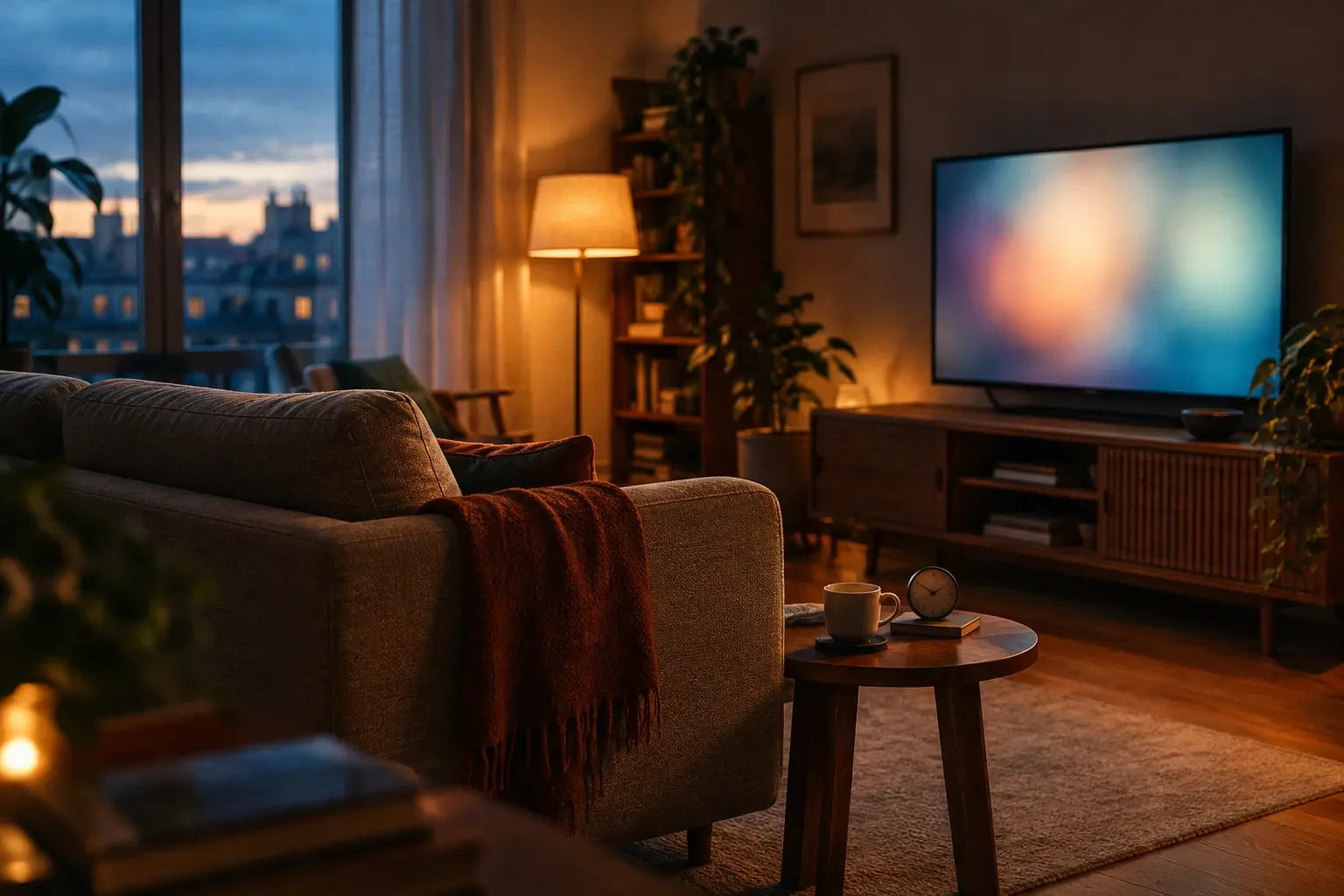 Salon calme préparé pour une soirée cinéma, avec un écran lumineux, une lampe et une horloge posée sur une table.