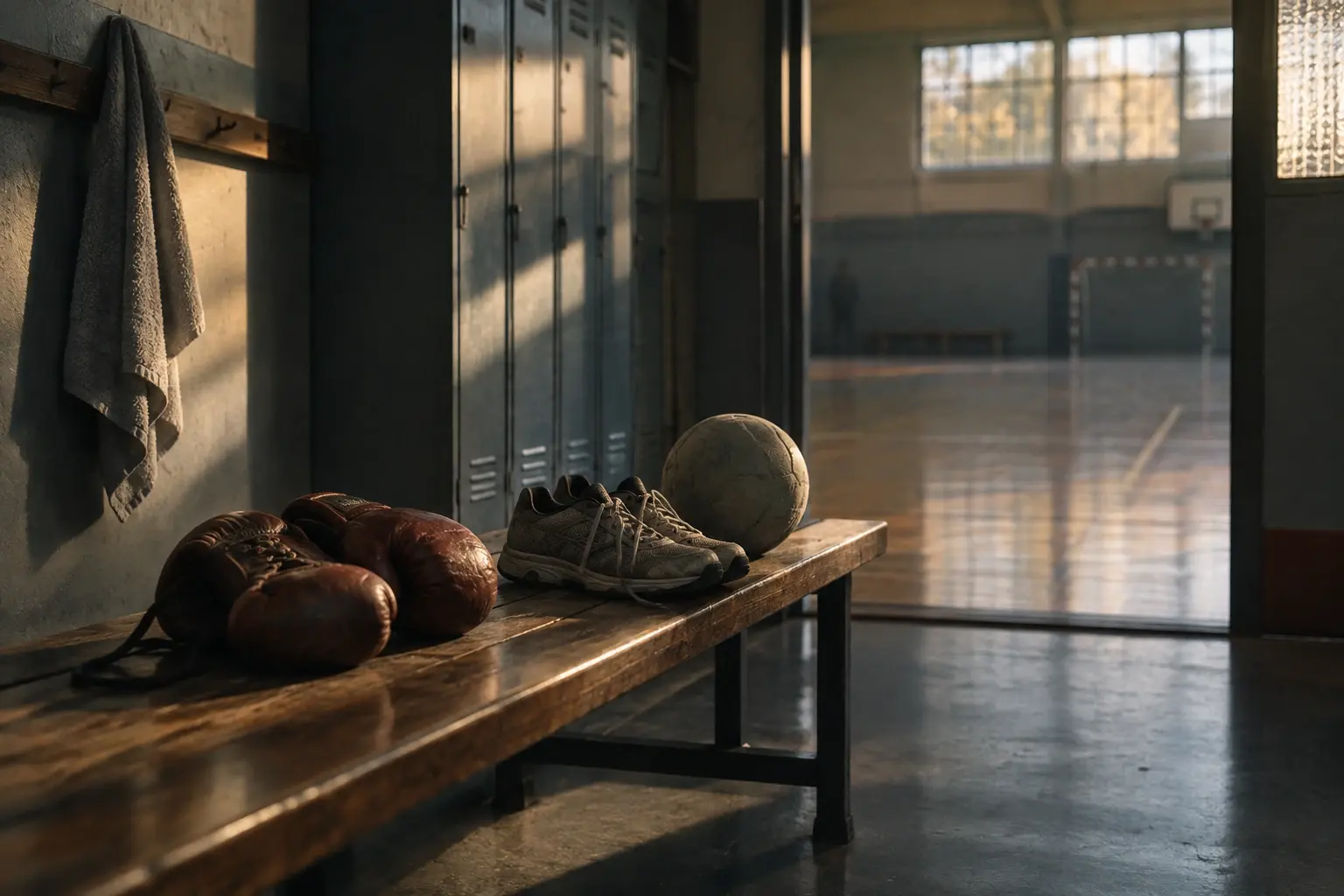 Dans un vestiaire vide, des gants de boxe, des chaussures de course et un ballon évoquent différents sports.