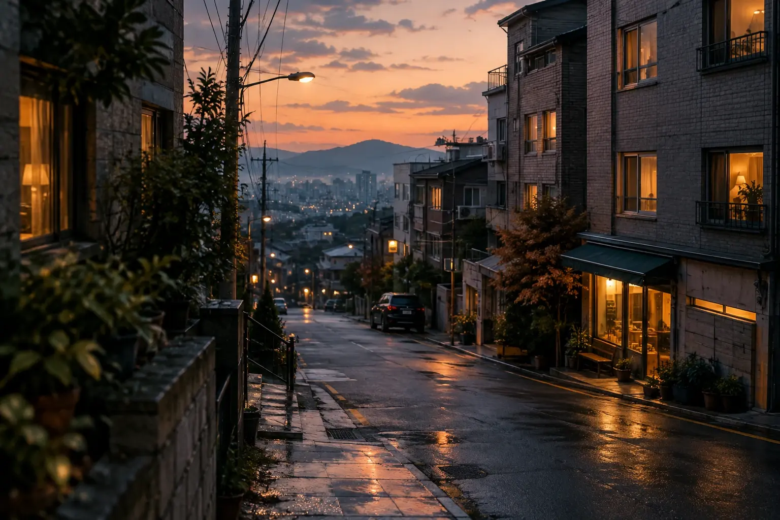 Rue résidentielle au crépuscule, façades modestes et fenêtres éclairées dans une ambiance calme.