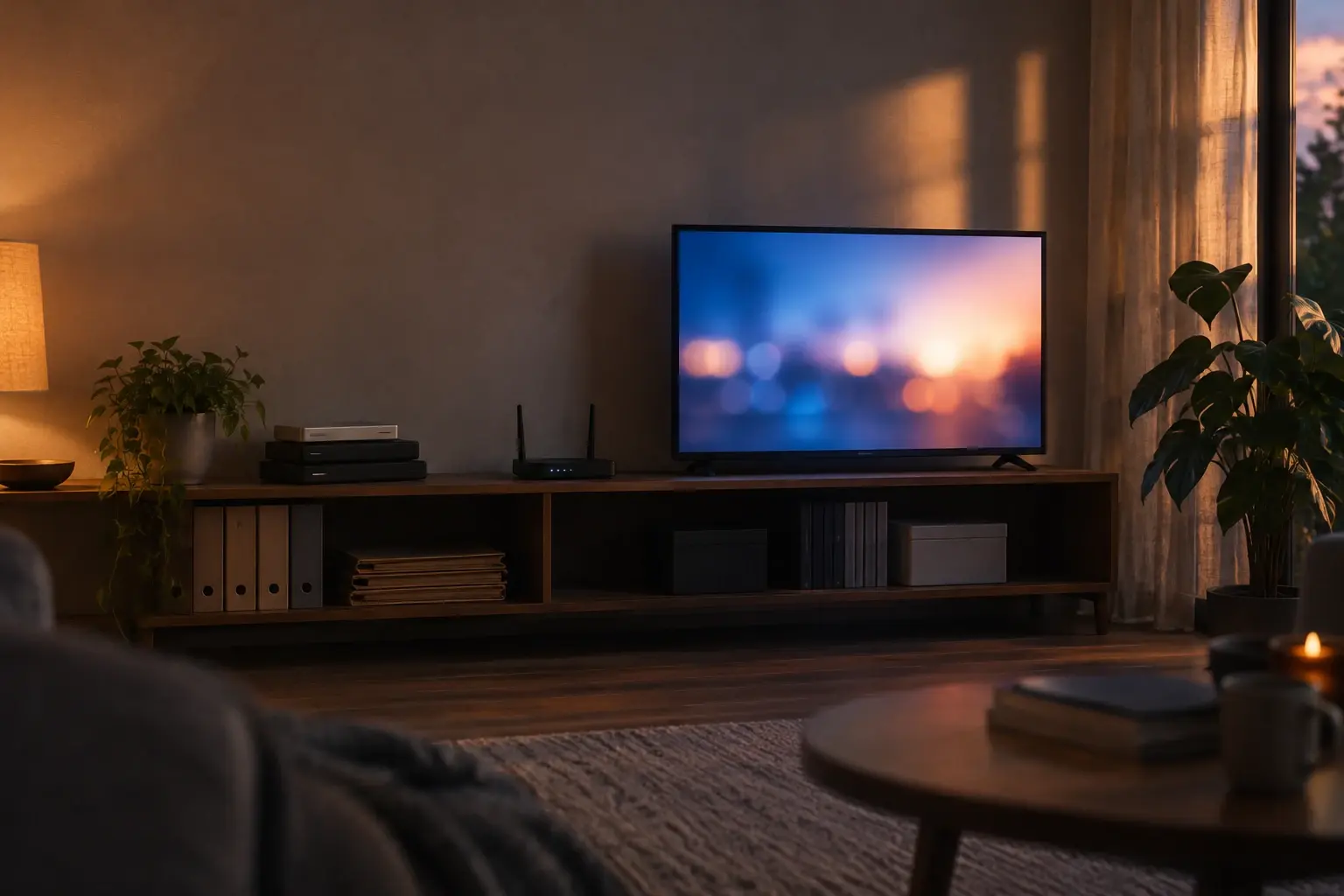 Téléviseur et équipement de réseau dans un salon, évoquant la diffusion des programmes à la demande.