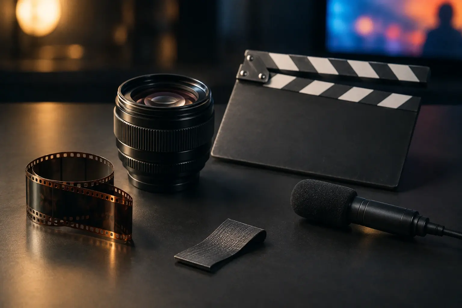 Une nature morte d’objets de cinéma et de vidéo, entre pellicule, lentille, clap neutre et matériaux techniques.