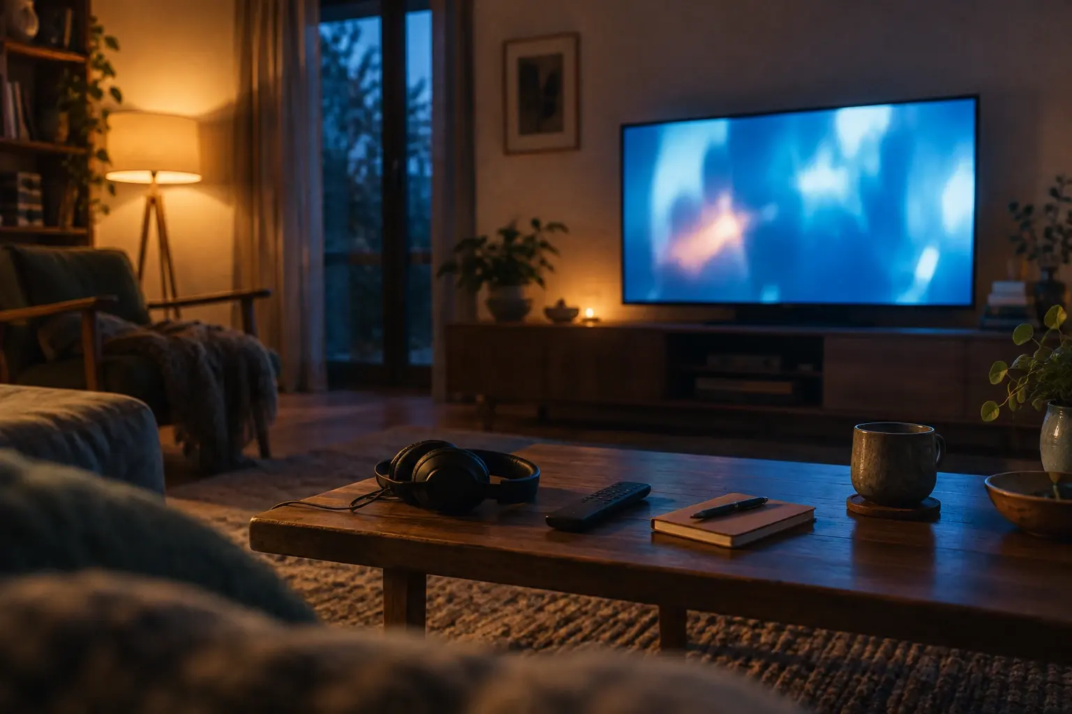 Un salon éclairé par une lampe et la lumière d’un téléviseur, avec une télécommande et un casque posés sur une table.
