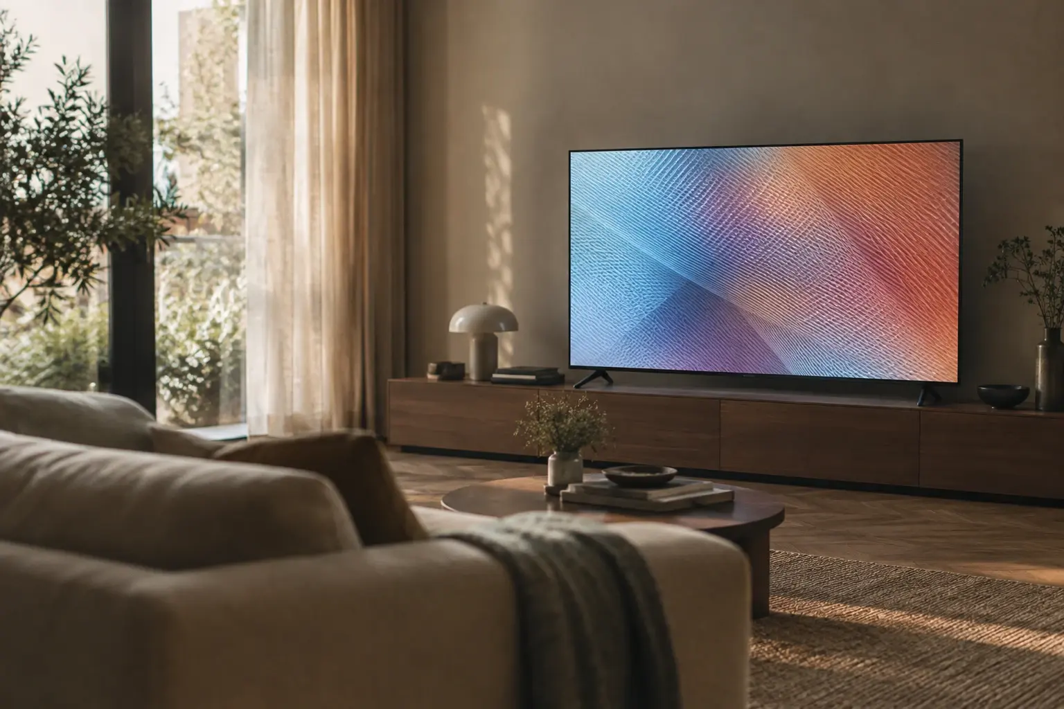 Téléviseur affichant un motif abstrait dans un salon lumineux, avec un canapé placé à distance de l’écran.