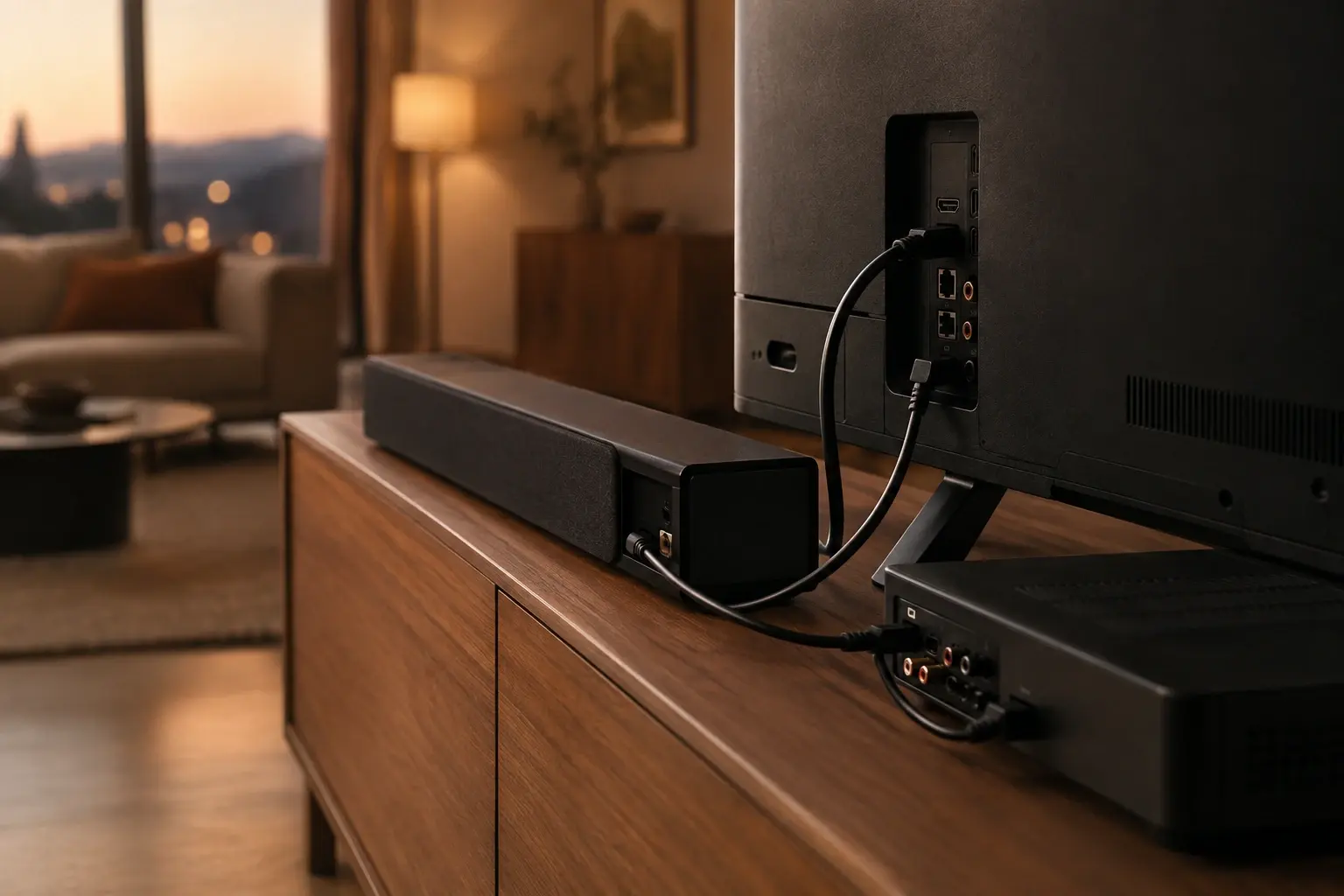 Téléviseur, barre de son et amplificateur reliés par des câbles HDMI et optique dans un salon.