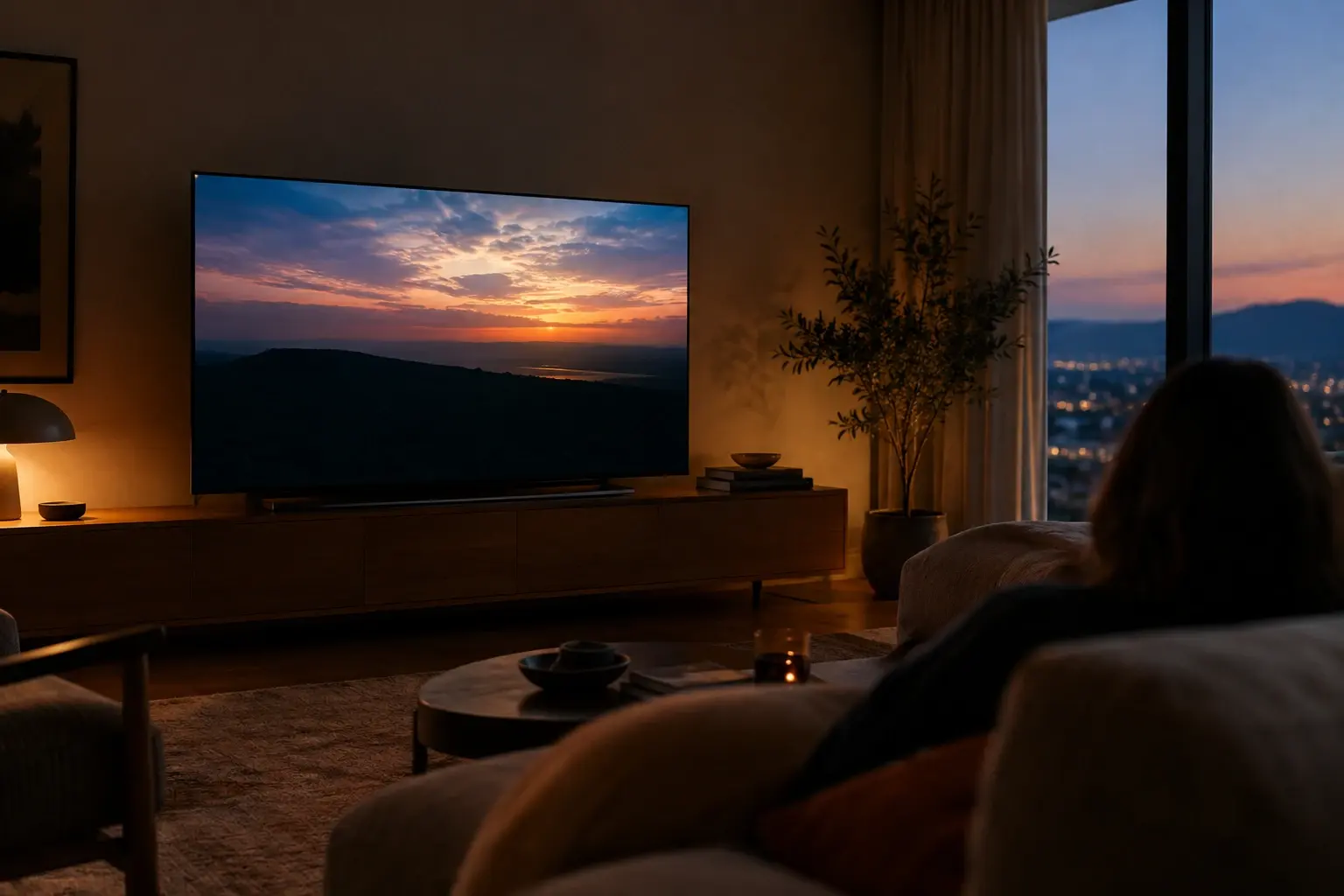 Téléviseur dans un salon au crépuscule affichant un paysage aux ombres profondes et aux hautes lumières détaillées.
