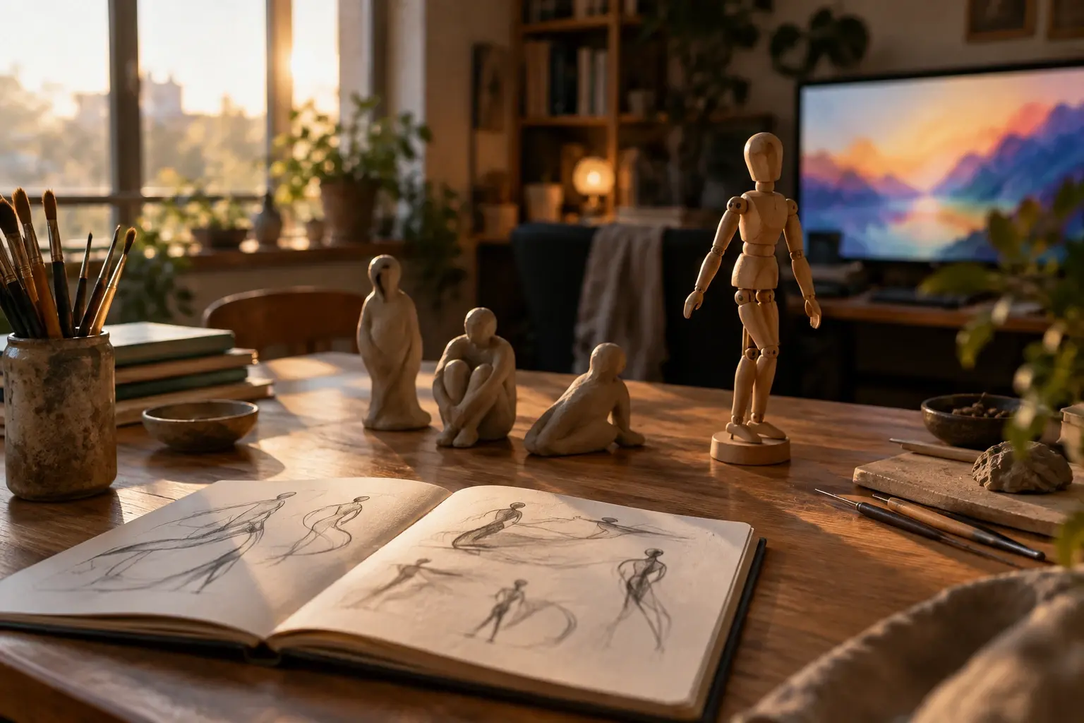 Carnet de dessins, figurines articulées et écran lumineux évoquent les différentes techniques du cinéma d’animation.