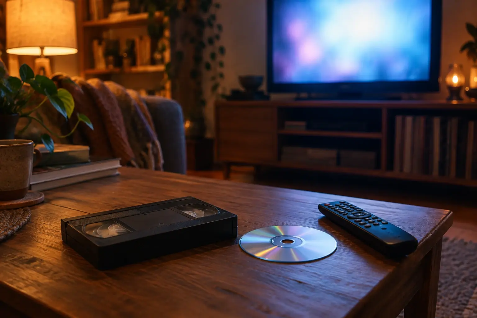Une cassette vidéo, un disque et une télécommande posés devant un téléviseur allumé dans un salon.
