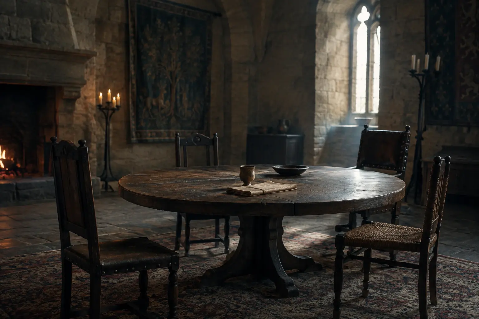 Salle de pierre avec une table ronde en bois, des chaises dépareillées et quelques objets du quotidien.