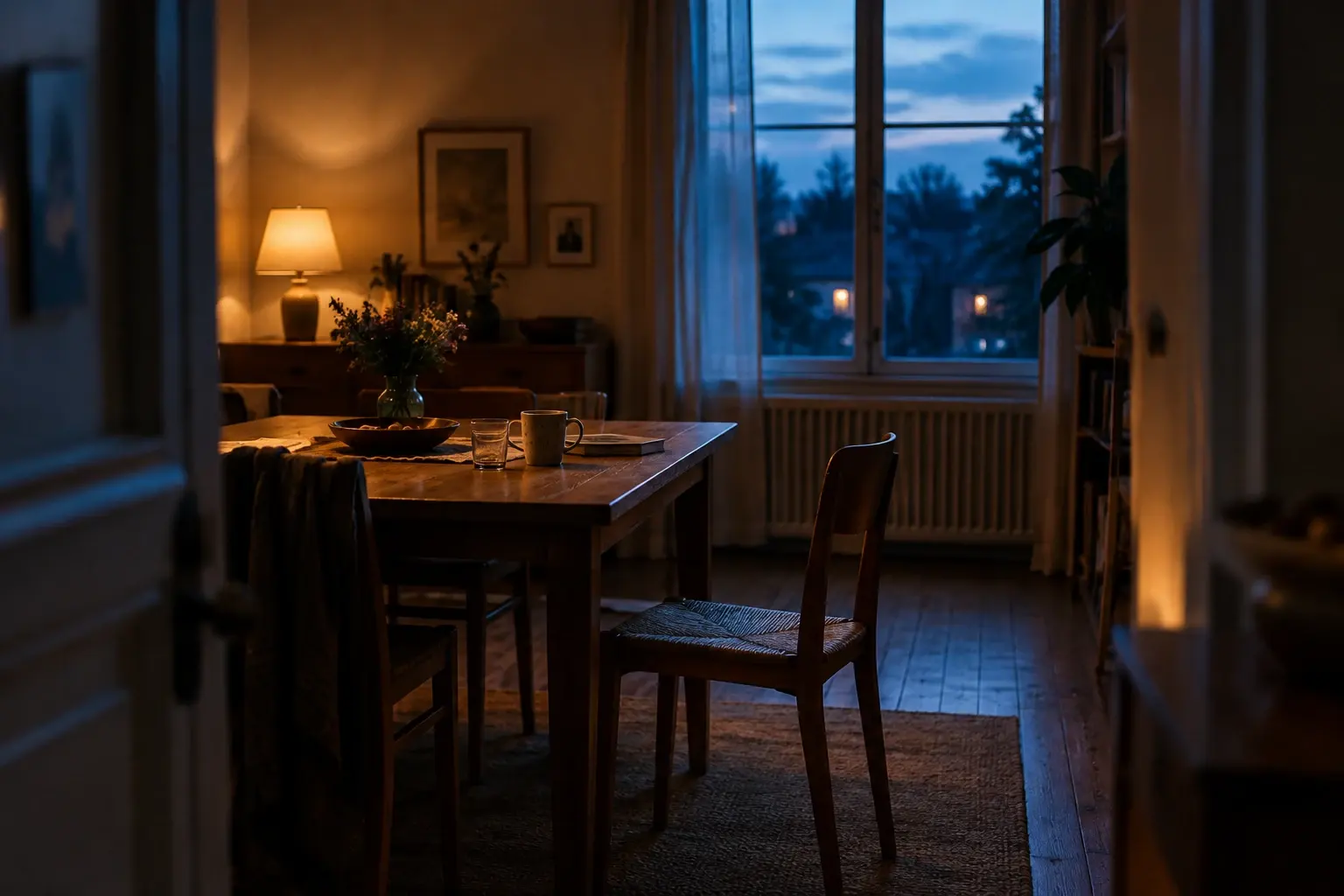 Une salle à manger de banlieue au crépuscule, avec une chaise vide et une lumière chaude mêlée au bleu du soir.