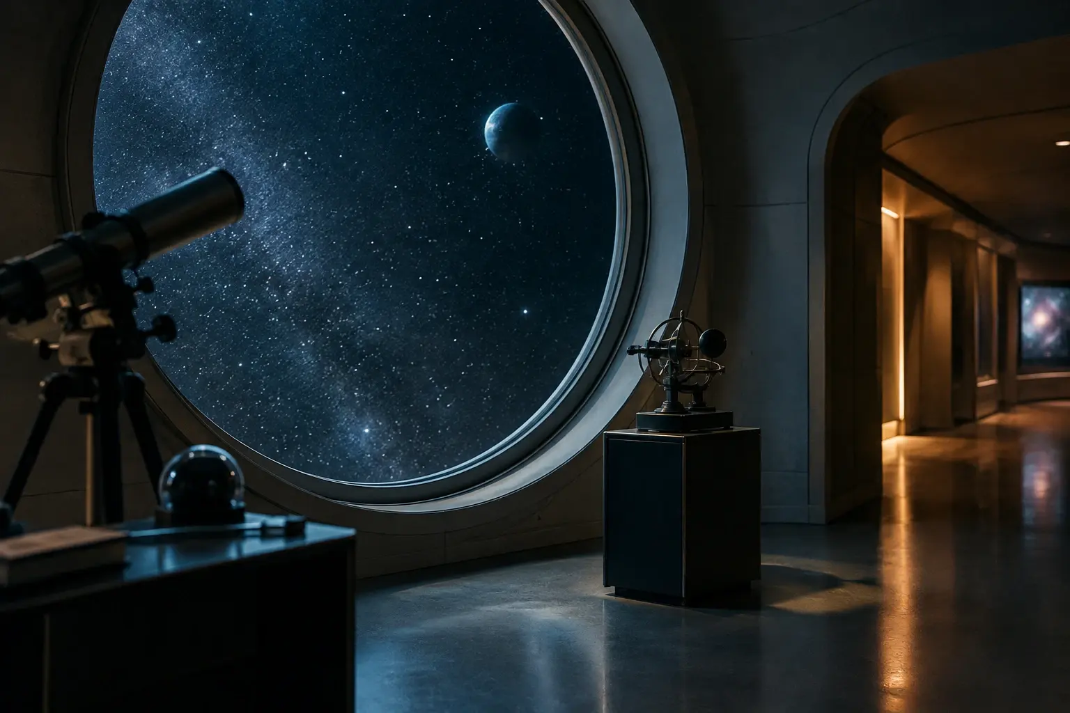 Un couloir d’observatoire vide, éclairé par une fenêtre circulaire ouverte sur un champ d’étoiles et une planète bleutée.