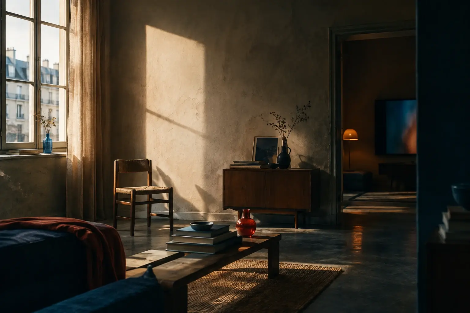 Une pièce vide où la lumière d’une fenêtre dessine une zone claire, des ombres douces et quelques touches de couleur.