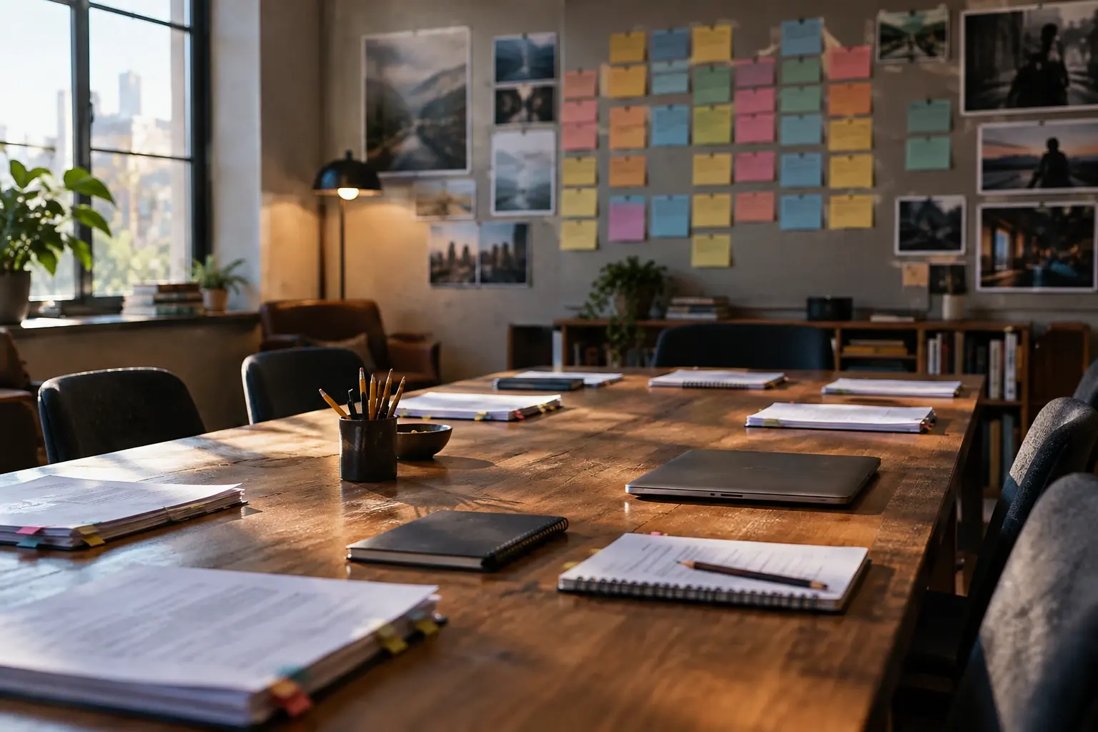 Une salle de travail de série avec des scénarios, des cartes de préparation et une table éclairée par une lumière douce.