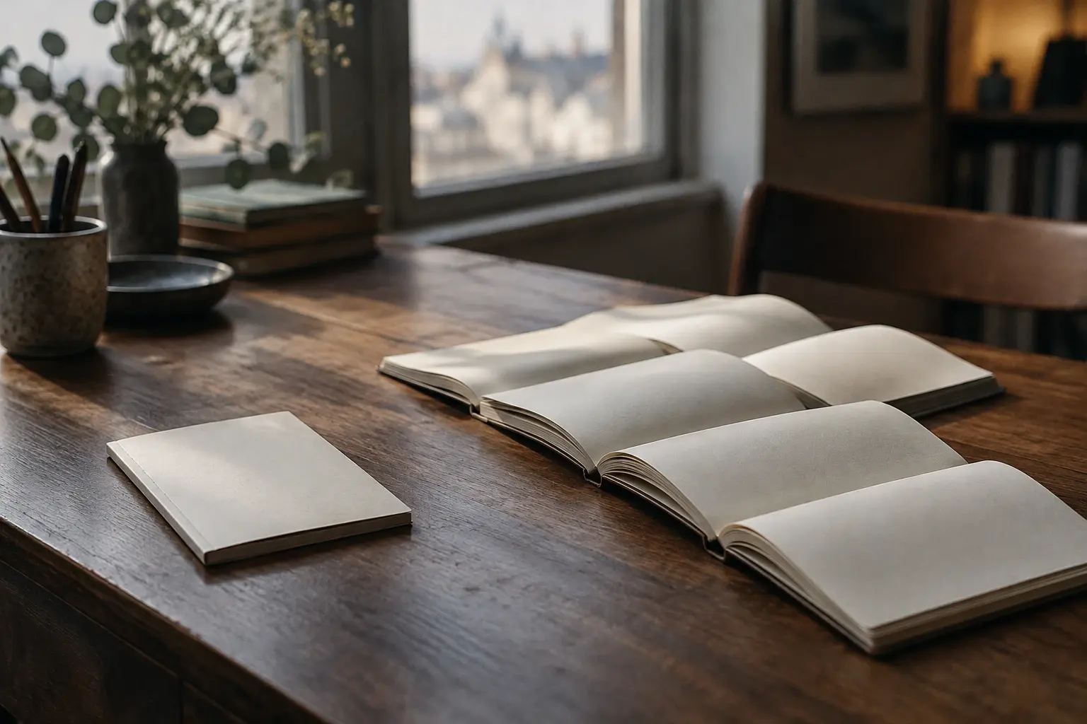 Sur un bureau, un carnet relié et plusieurs cahiers ouverts évoquent deux façons de construire un récit en série.