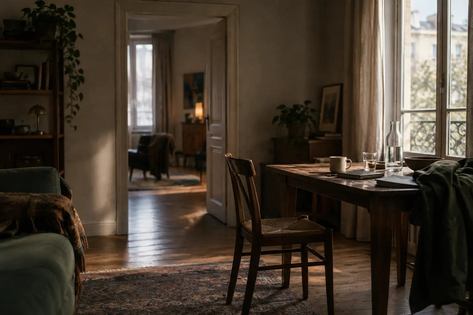 Une pièce vide avec une table, une chaise déplacée et une porte, organisée pour suggérer le jeu des espaces au cinéma.