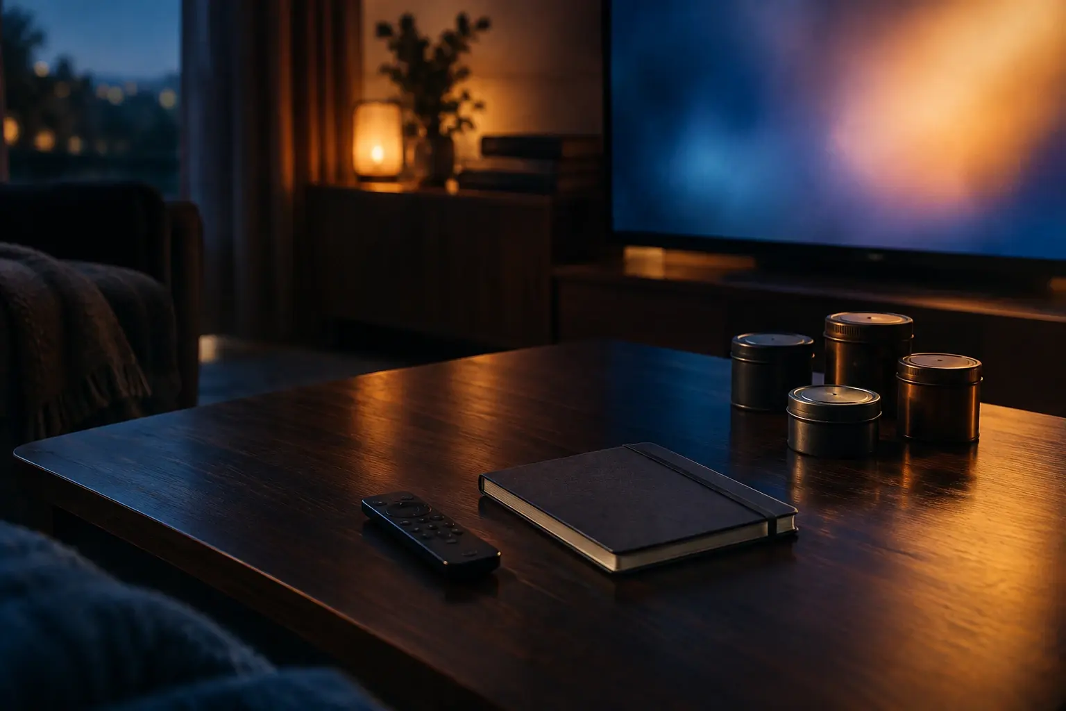 Télécommande et bobines de film posées près d’un écran lumineux, pour évoquer l’économie des plateformes de SVOD.
